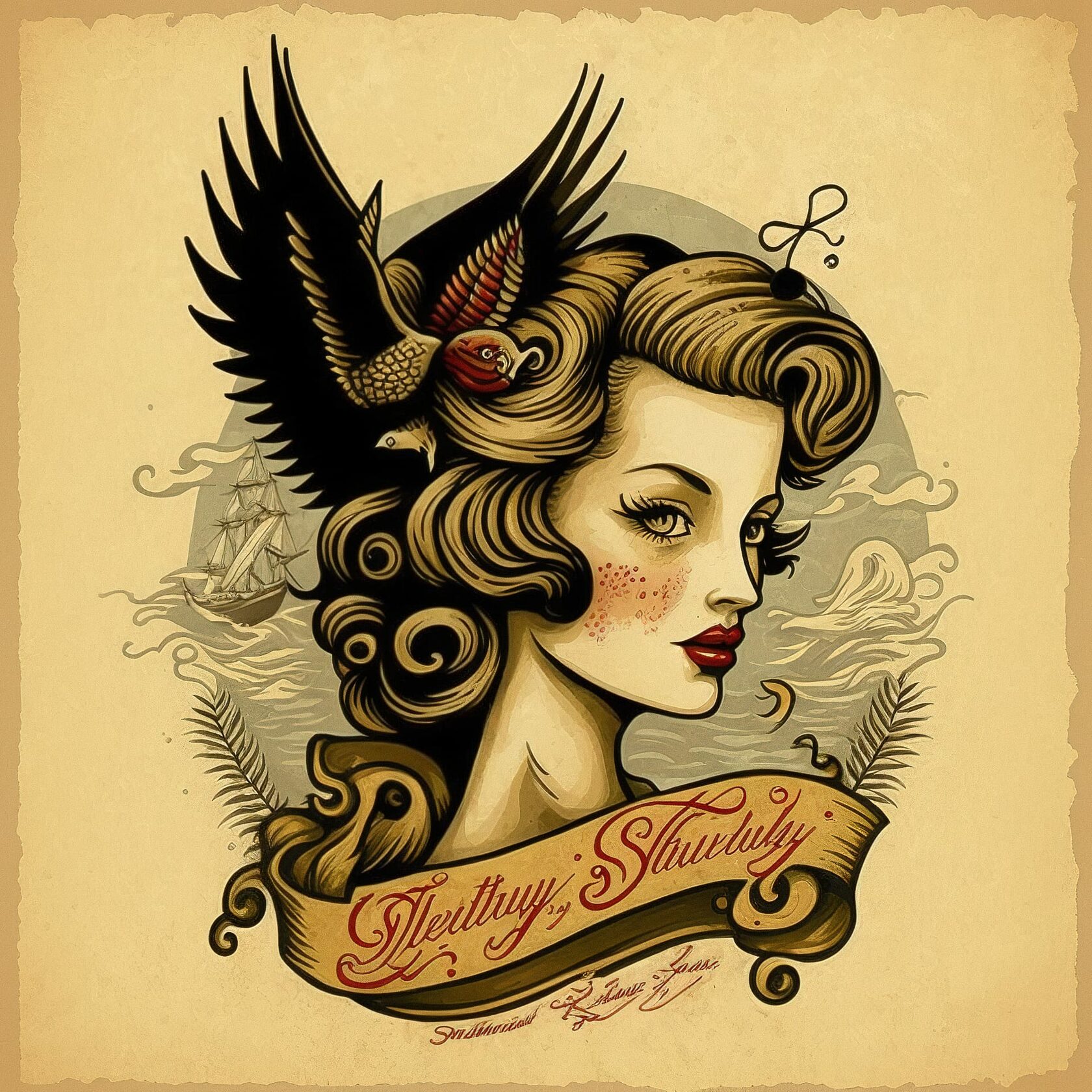 Tattoo design featuring woman with bird, inspired by Sailor Jerry, using Midjourney prompt techniques, version 4 capabilities.