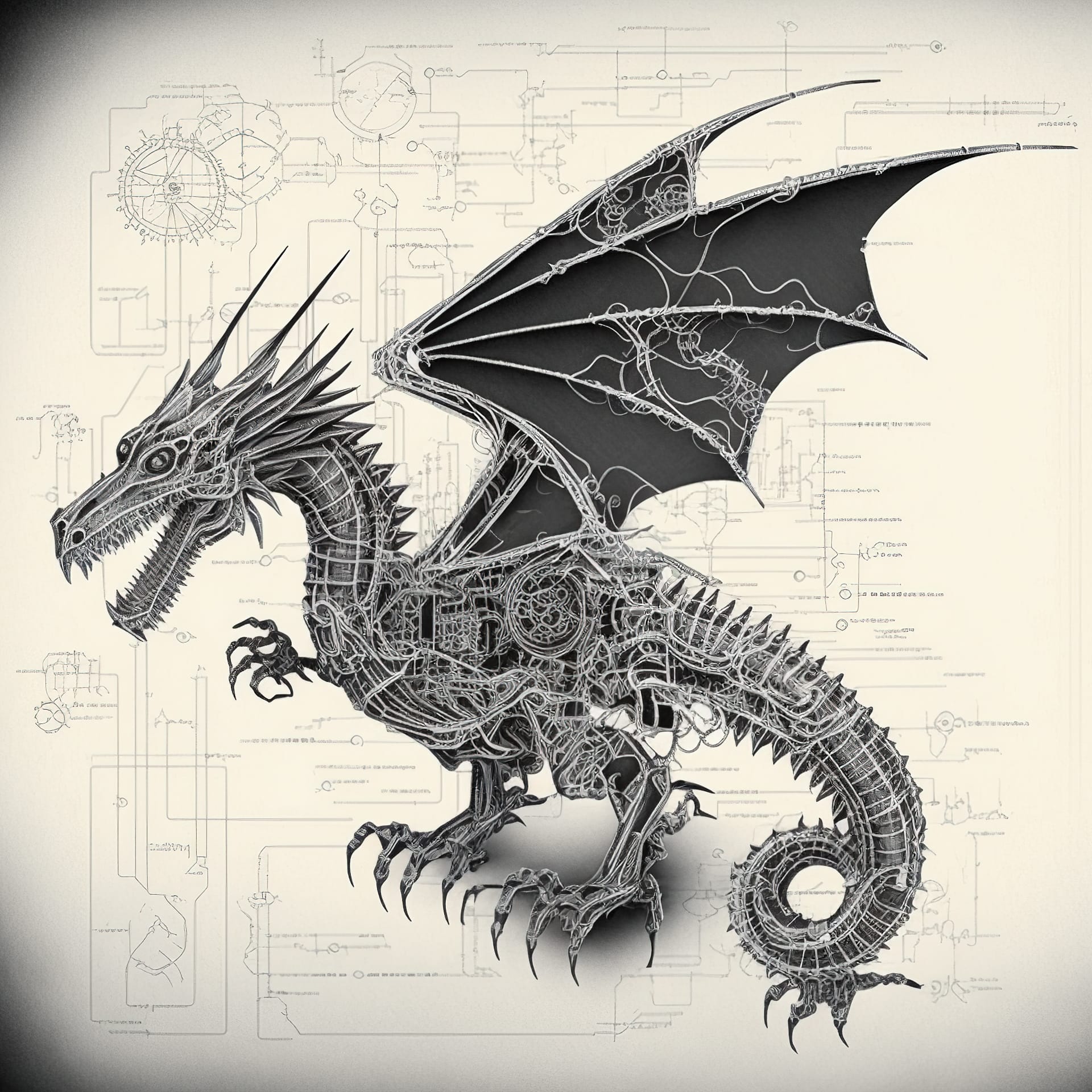 Mechanical dragon blueprint tattoo design. White ink outline style. Midjourney prompt engineering, version 4 techniques.