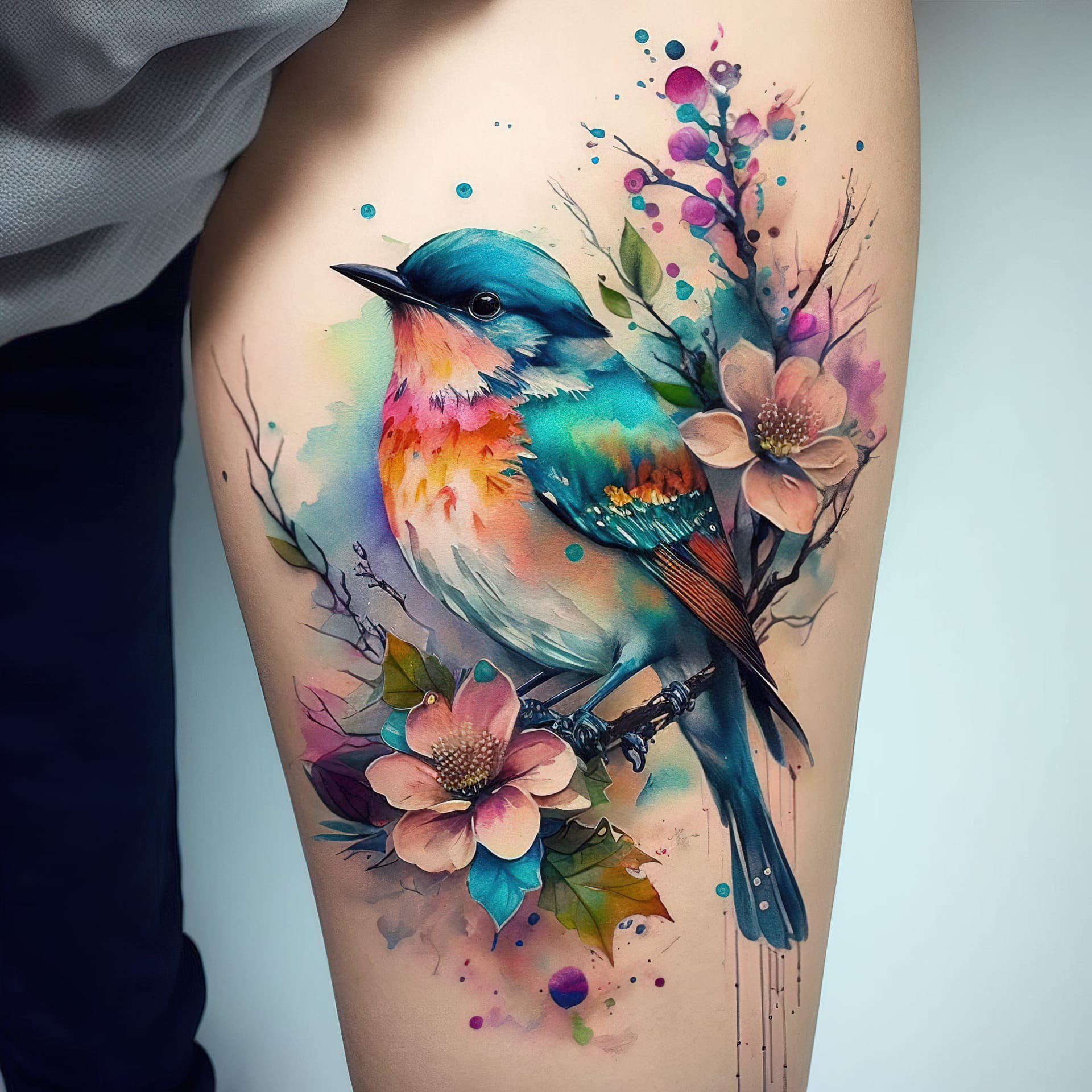 Watercolor tattoo design featuring bird and flowers, showcasing Midjourney prompt techniques and artistic influences.