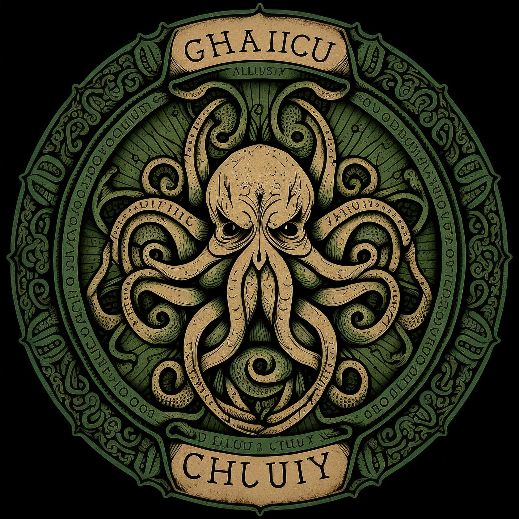 Cthulhu mandala design inspired by Sailor Jerry, showcasing Midjourney prompt engineering techniques, version 4 capabilities, and tattoo design elements.