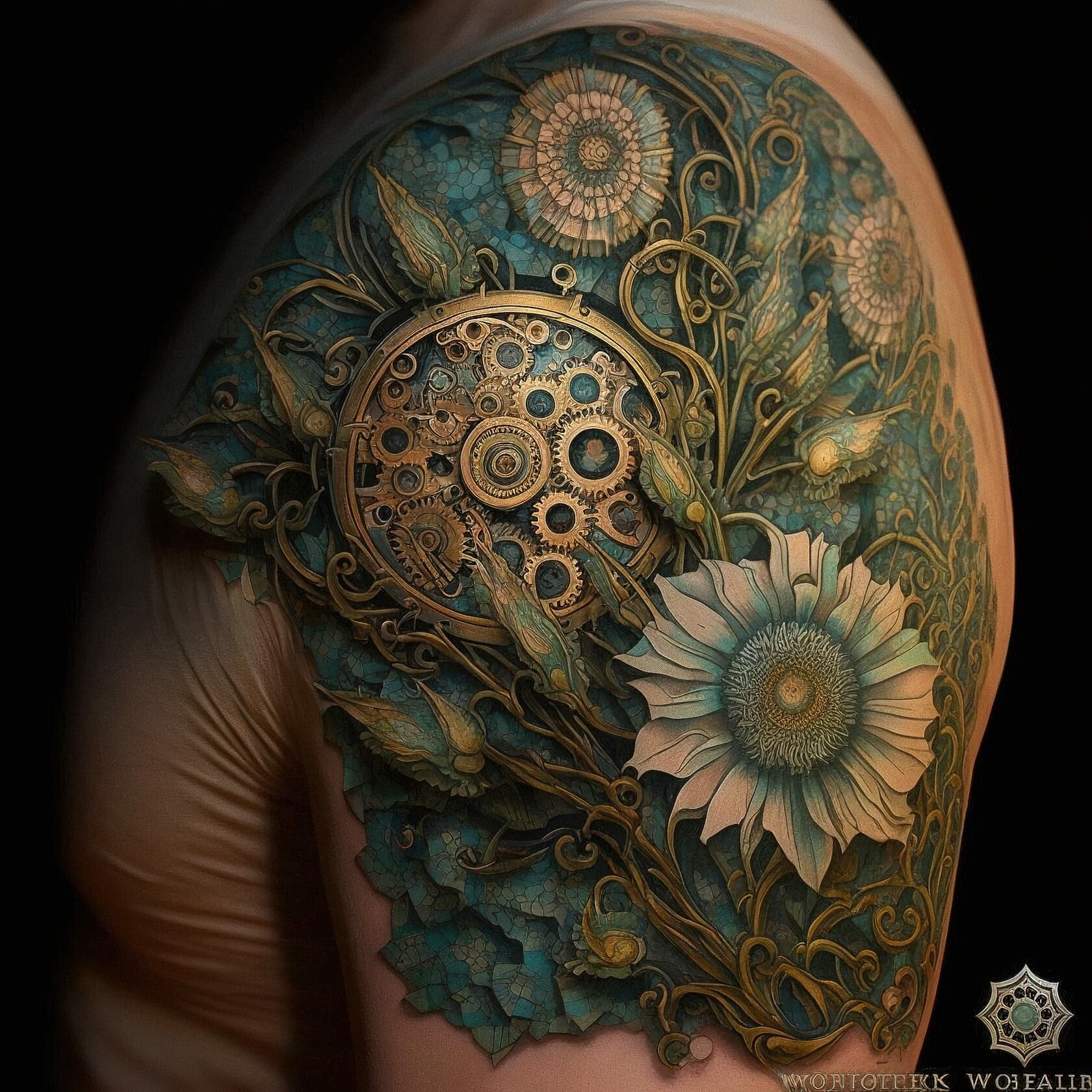 Clockwork flowers tattoo design inspired by William Morris, showcasing Midjourney prompt engineering and artistic influences, version 4 capabilities.