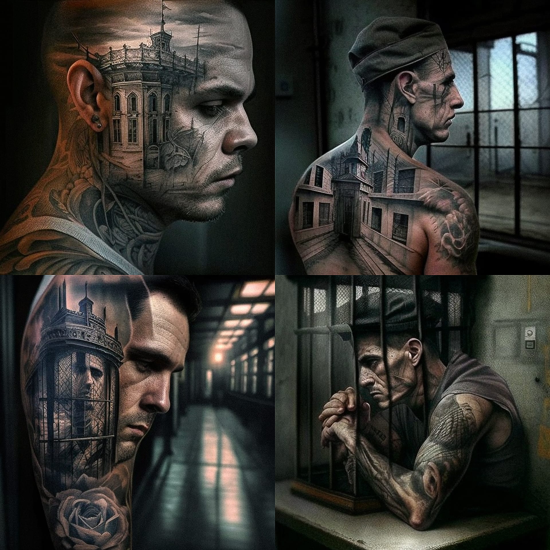 Tattoo designs featuring architectural elements, prompt engineering techniques, Midjourney AI, artistic influences, prison themes, Sailor Jerry style.