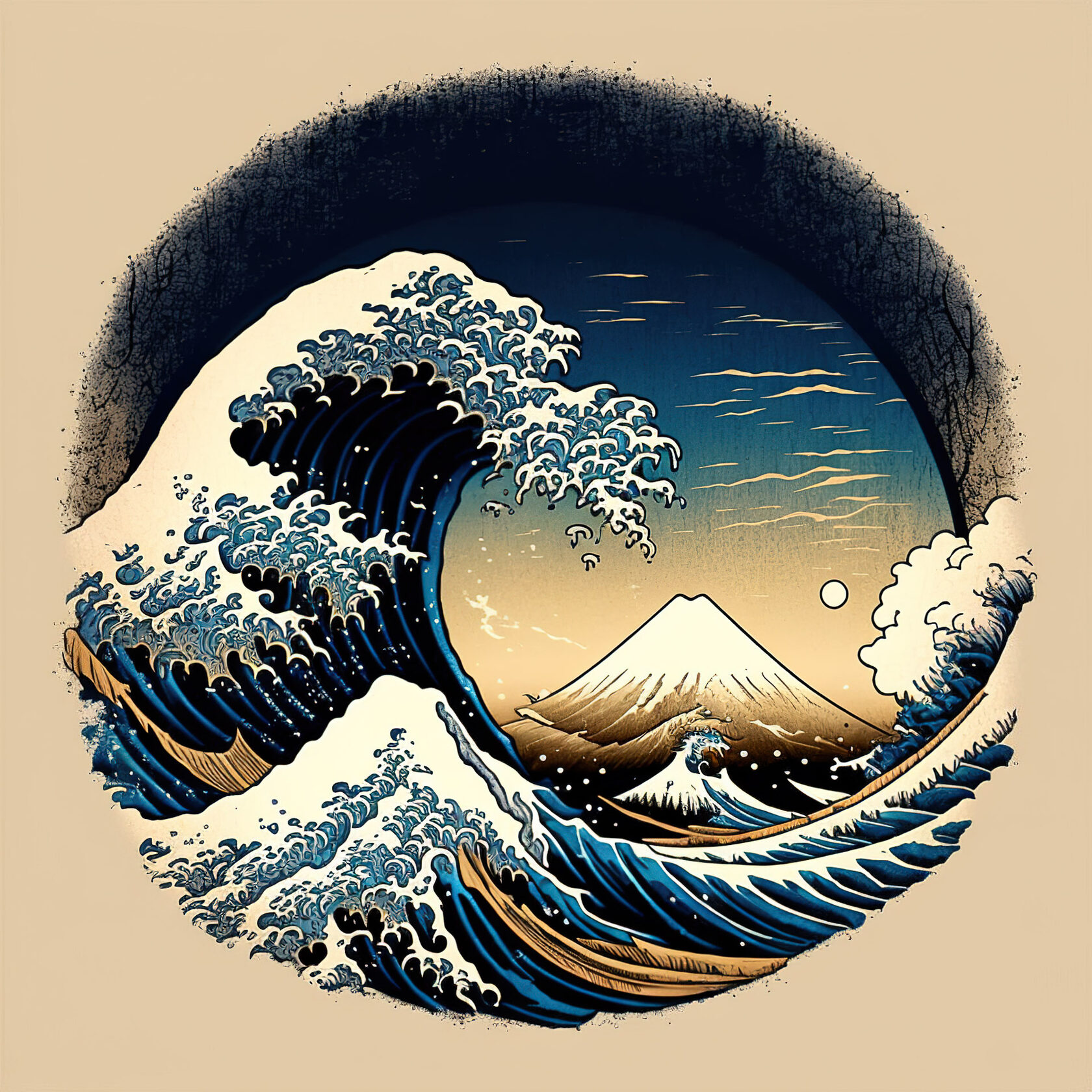 Tattoo design featuring Fuji mountain encircled by ocean waves, inspired by Hokusai, using Midjourney prompt techniques, version 4.