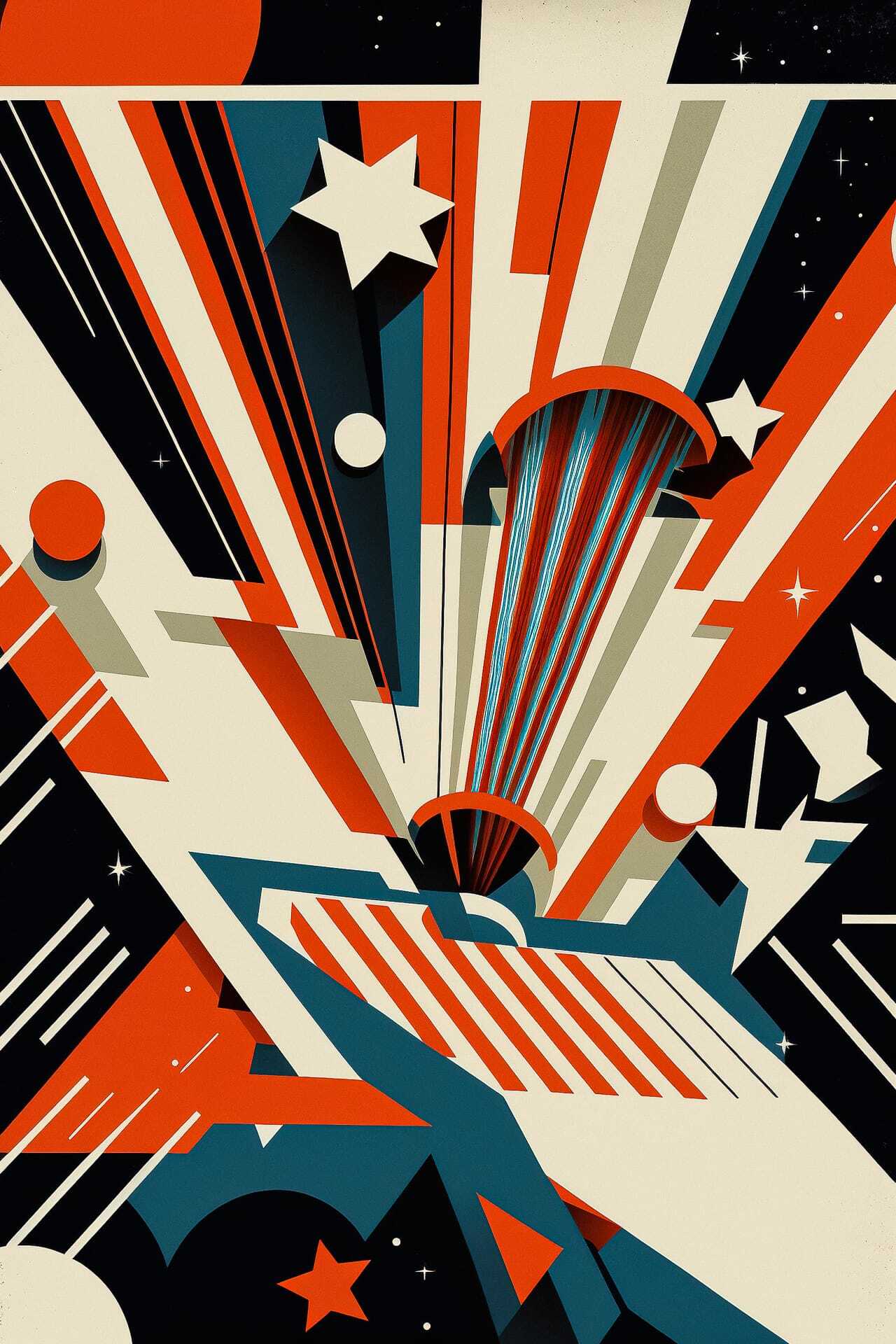 Midjourney prompt for holiday postcards in Constructivism style, featuring geometric shapes and vibrant colors.
