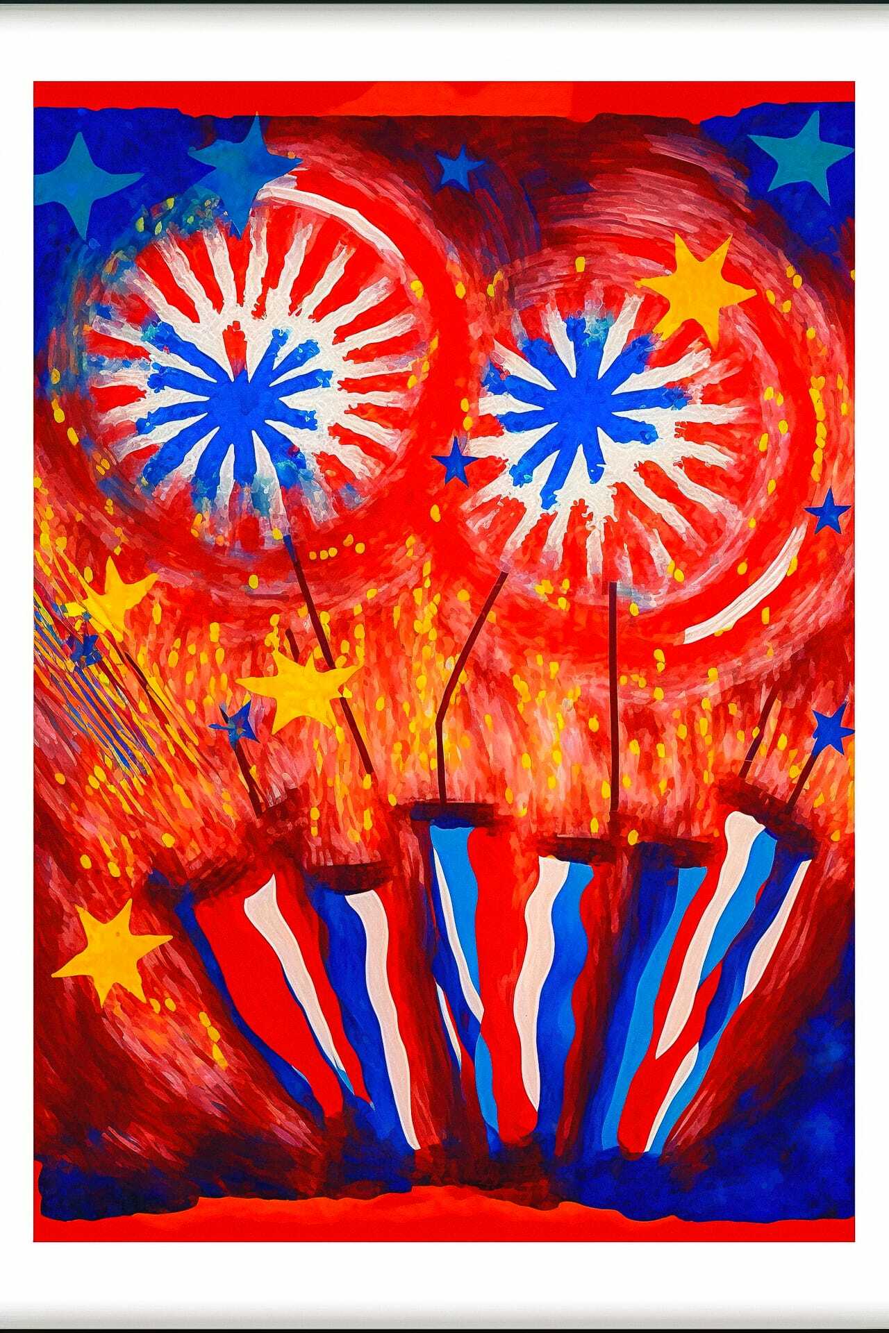 Midjourney prompt for holiday postcard featuring fireworks in Abstract Expressionism style, red and blue colors, celebrating 4th of July.