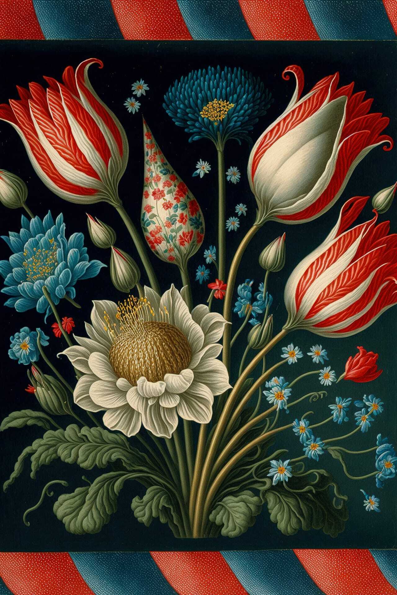 Floral arrangement artwork by Ambrosius Bosschaert, showcasing Midjourney prompt techniques for holiday postcard generation.