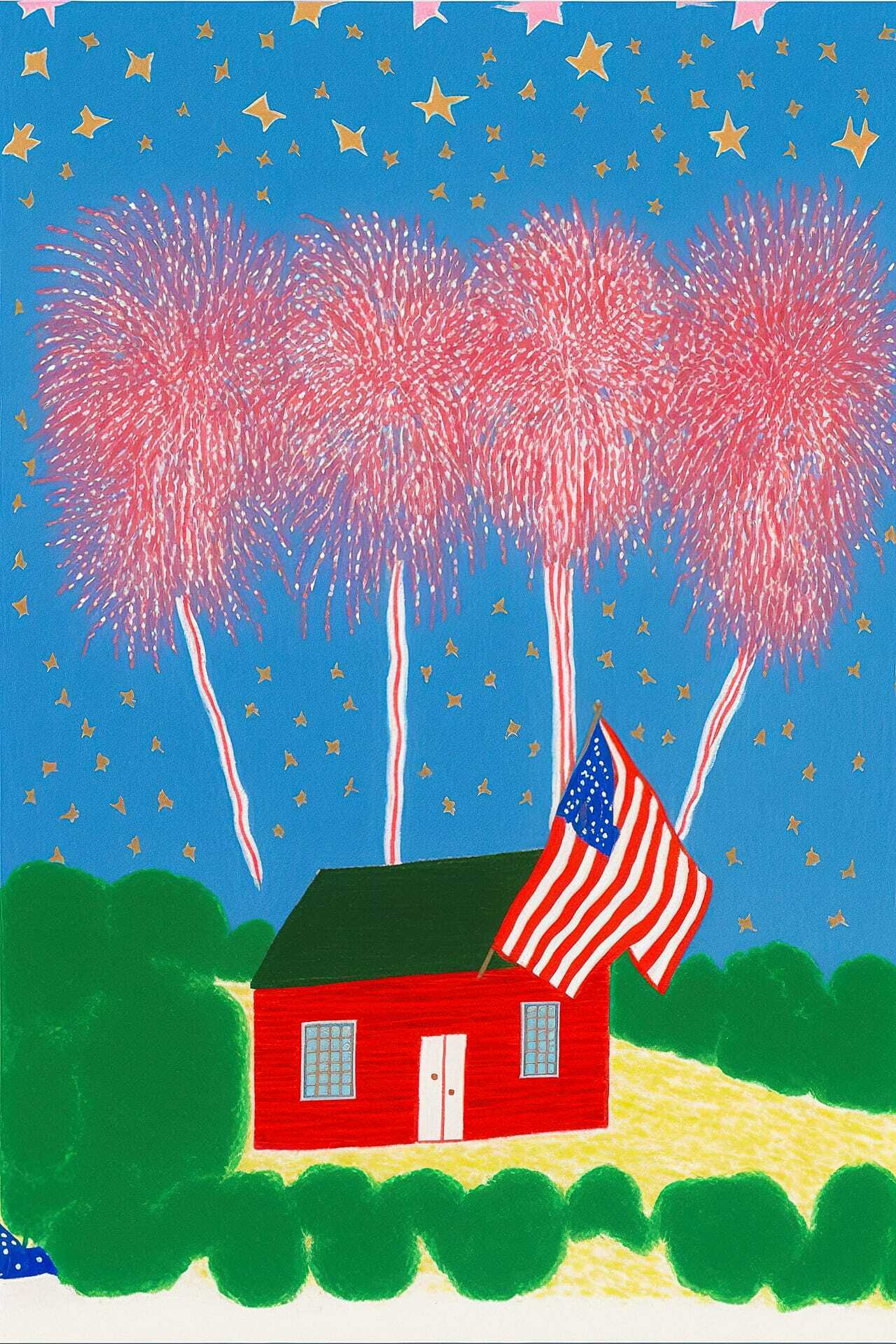 Midjourney prompt for holiday postcard featuring fireworks, American flag, red house, festive colors, by David Hockney.