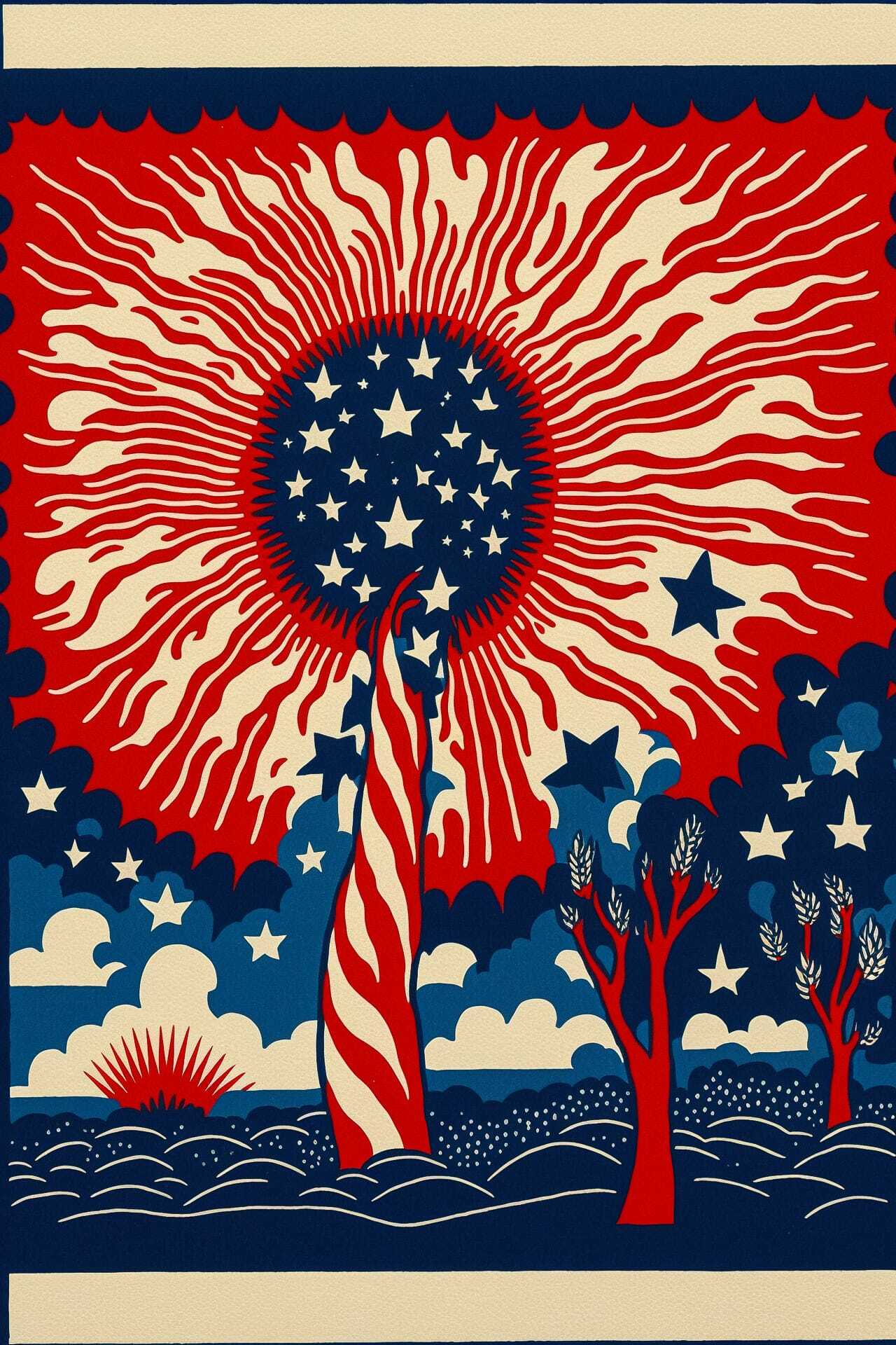 Woodblock print of patriotic scene with sun, stars, and trees. Midjourney prompt for holiday postcard design.