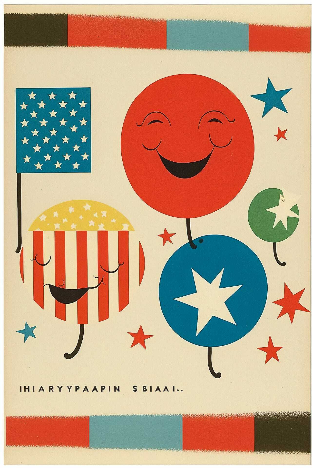 Colorful holiday postcard featuring smiling balloons and stars, inspired by Midjourney prompt techniques for festive designs.