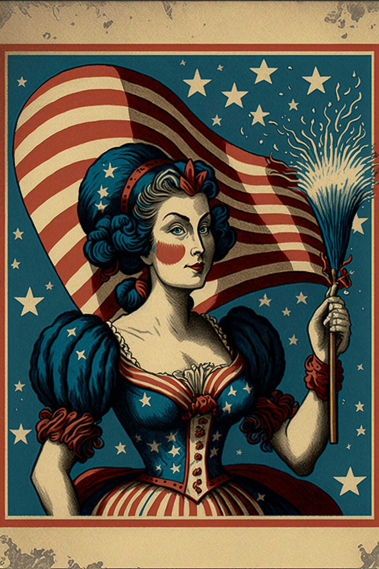Midjourney prompt for patriotic postcard featuring woman with American flag, stars, and fireworks. Art style integration for holiday themes.