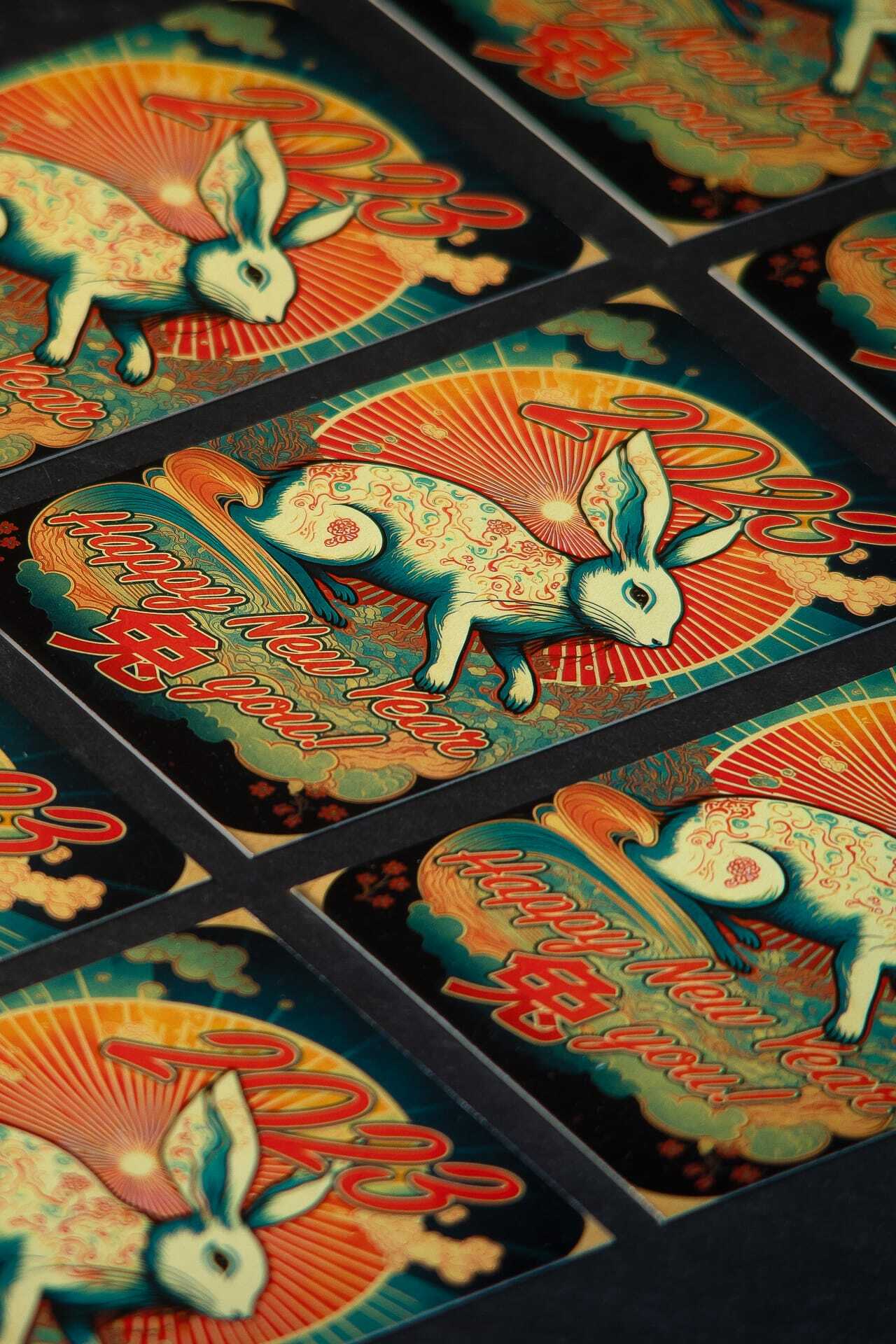 Midjourney prompt for New Year postcard featuring rabbit design, vibrant colors, and artistic elements.