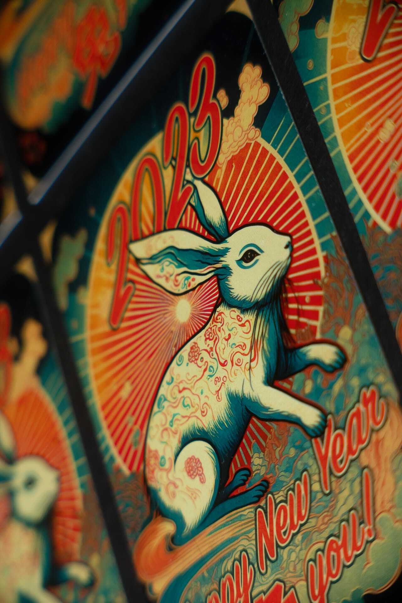 Midjourney prompt for New Year postcard featuring rabbit design, vibrant colors, 2023 theme, art style integration.