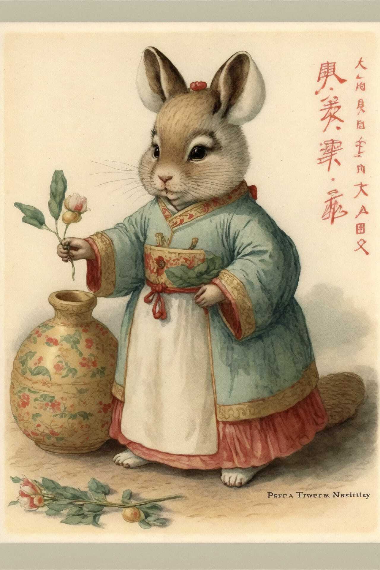 Midjourney prompt for holiday postcard featuring anthropomorphic rabbit in traditional attire, floral elements, and decorative vase.