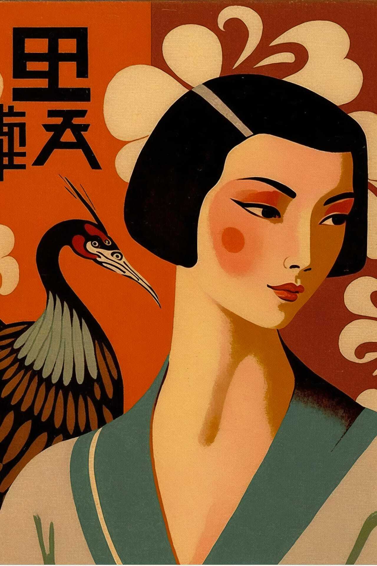 Midjourney prompt for holiday postcard featuring woman and crane, art style by Felice Casorati, vibrant colors, cultural themes.