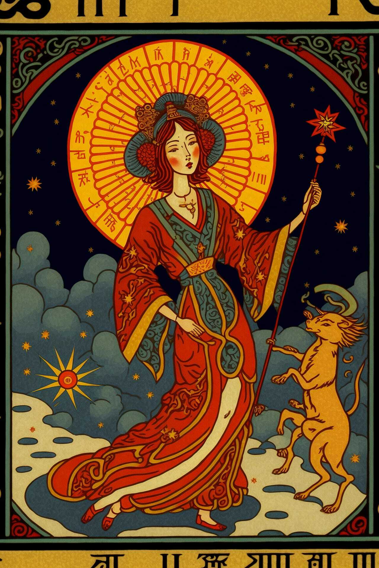 Midjourney prompt for holiday postcard featuring character by Ivan Bilibin, art style integration, vibrant colors, celestial elements.
