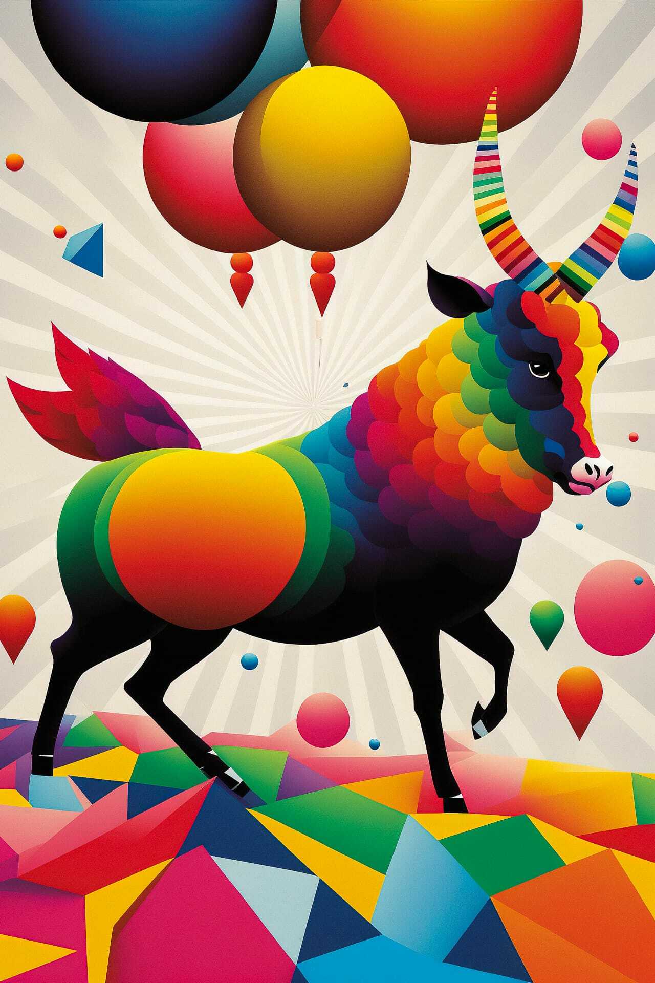 Colorful geometric bull illustration by Okuda San Miguel, showcasing Midjourney prompt techniques for vibrant holiday postcards.