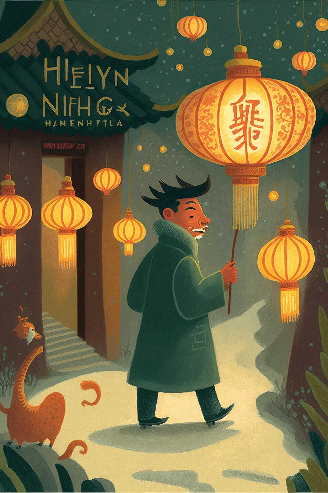 Midjourney prompt for holiday postcard featuring lanterns, winter scene, character walking, art style by Nicholas Hely Hutchinson.
