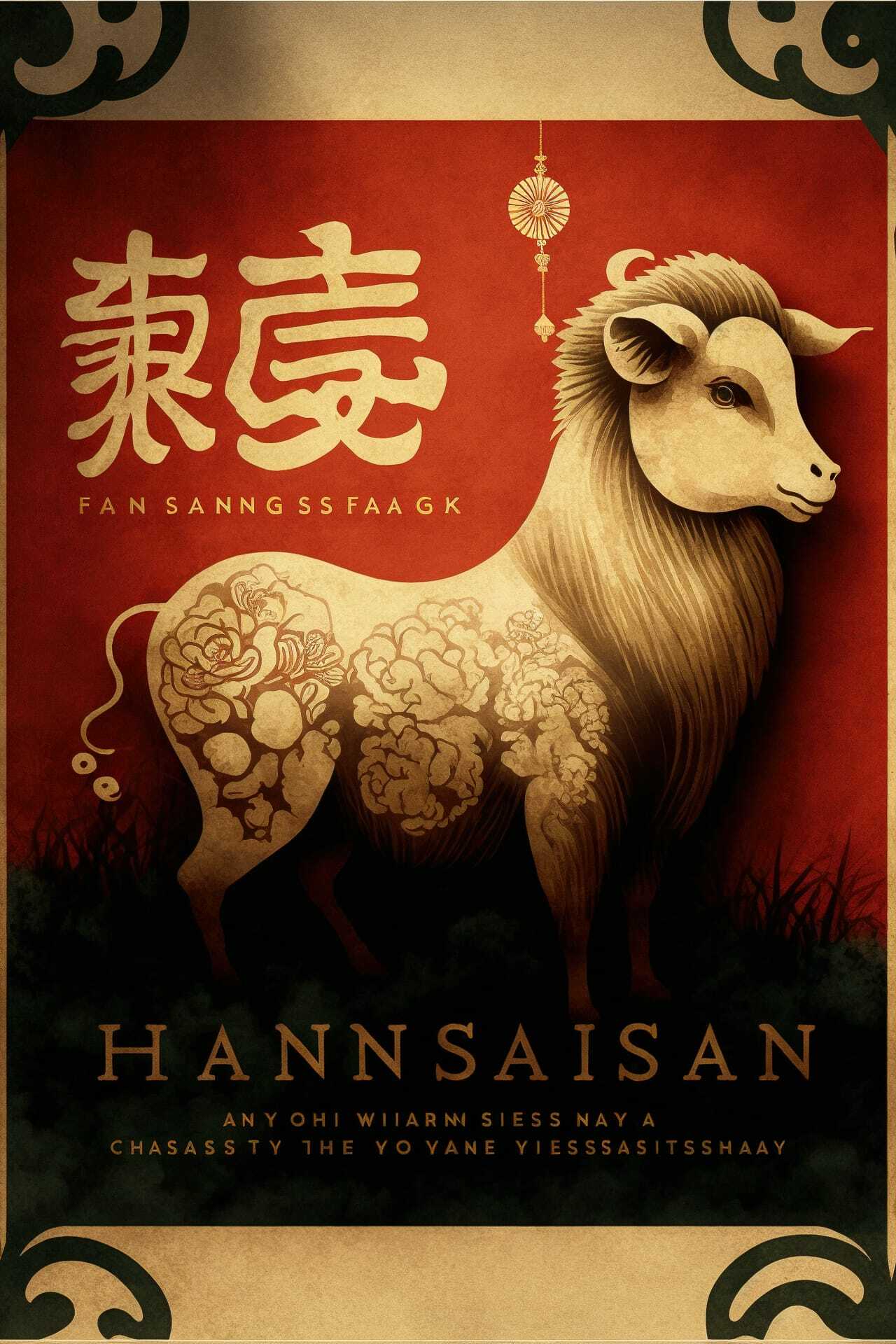 Midjourney prompt for Chinese New Year postcard featuring sheep design, floral elements, and festive colors.