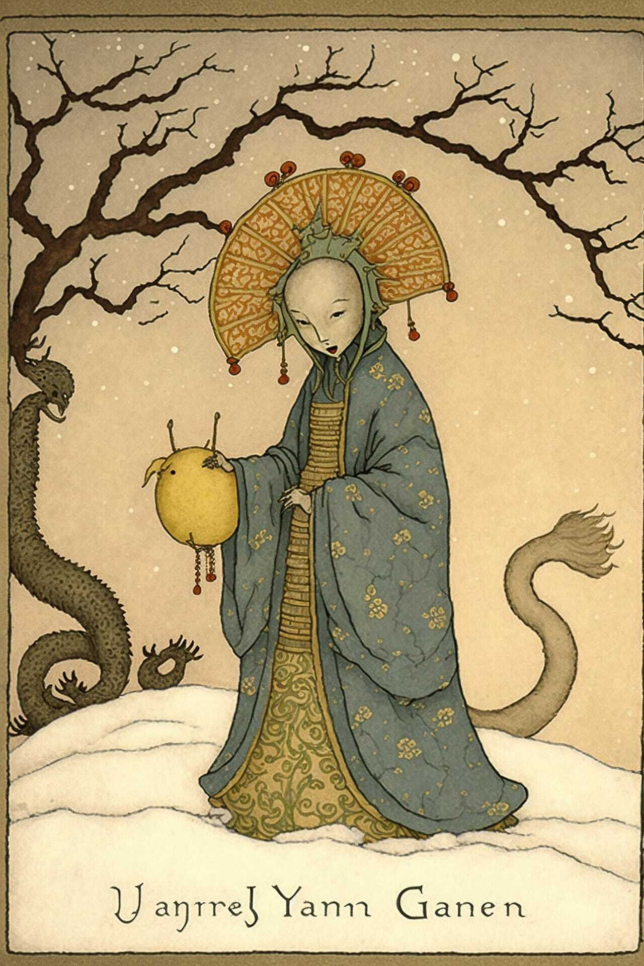 Midjourney prompt for holiday postcard featuring character design by William Morris, integrating art styles and techniques.
