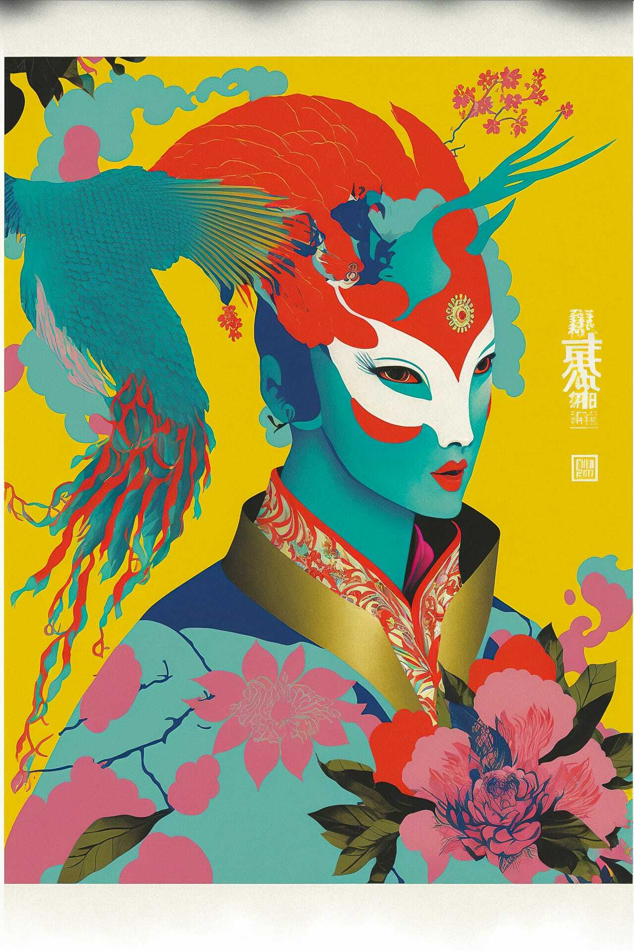 Midjourney prompt for holiday postcard featuring vibrant colors, floral elements, and traditional motifs by Yoh Nagao.