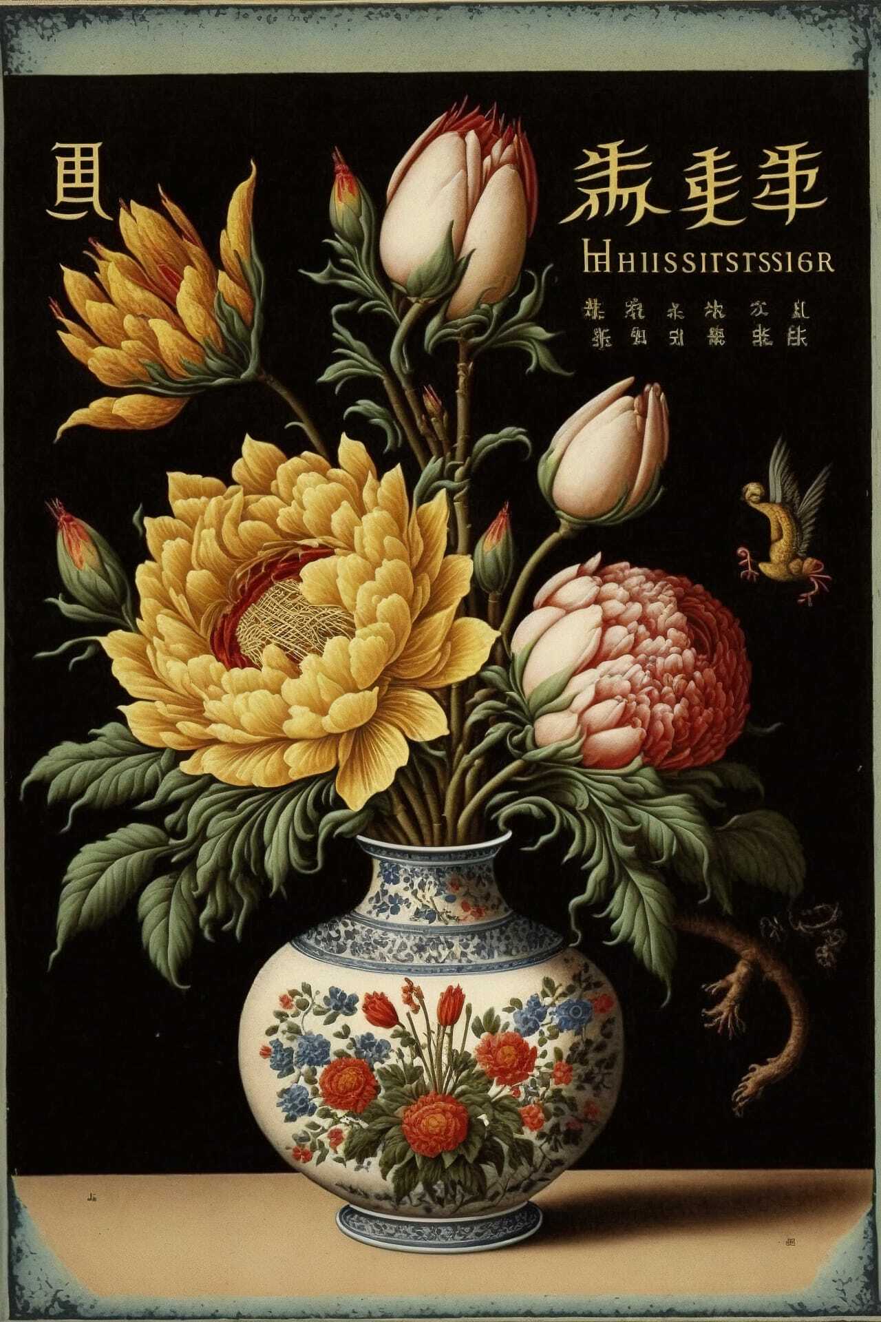 Floral arrangement in vase, Midjourney prompt for holiday postcards, art styles integration, by Ambrosius Bosschaert.