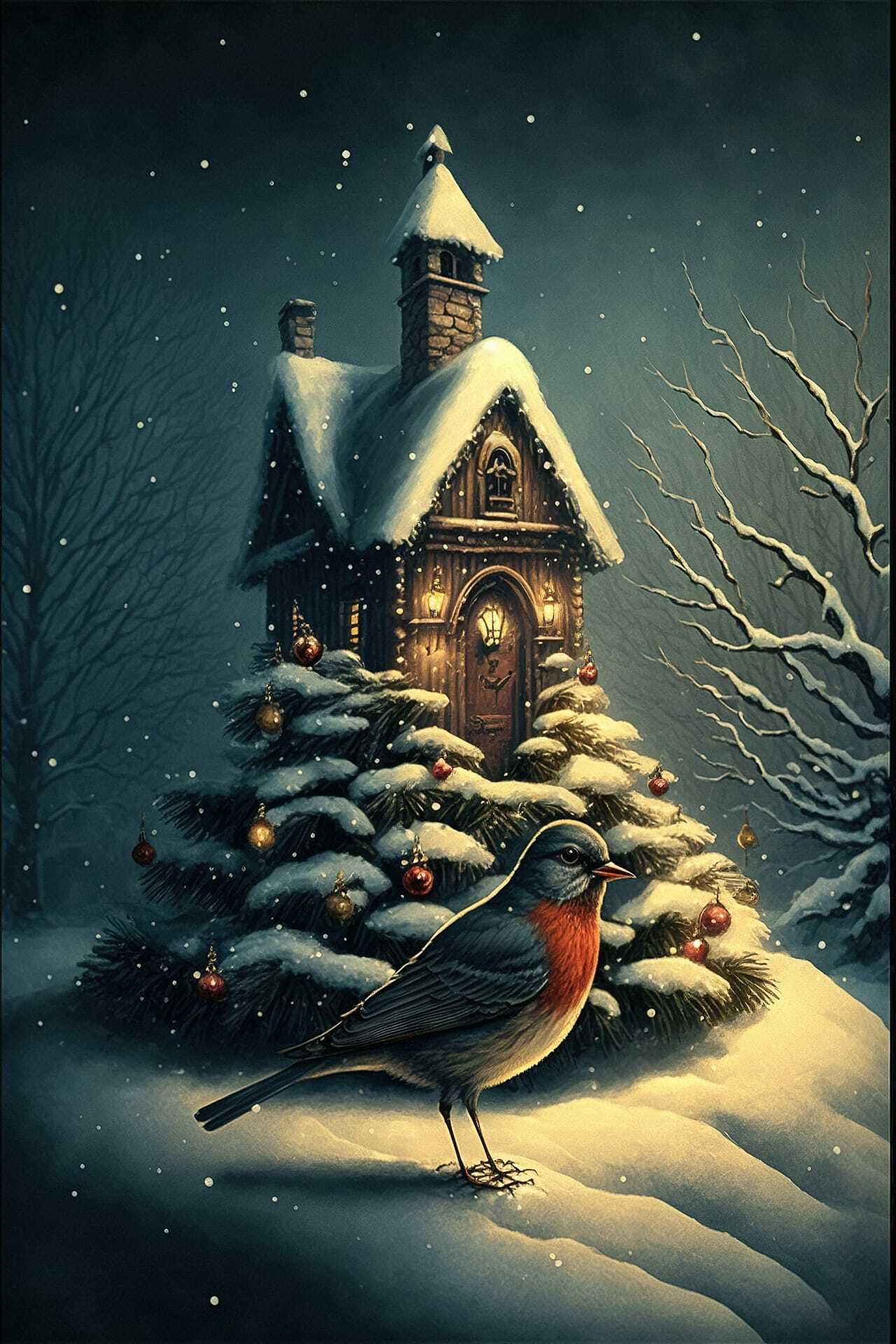 Midjourney prompt for Christmas postcard featuring snowy house, decorated tree, bird in winter setting.