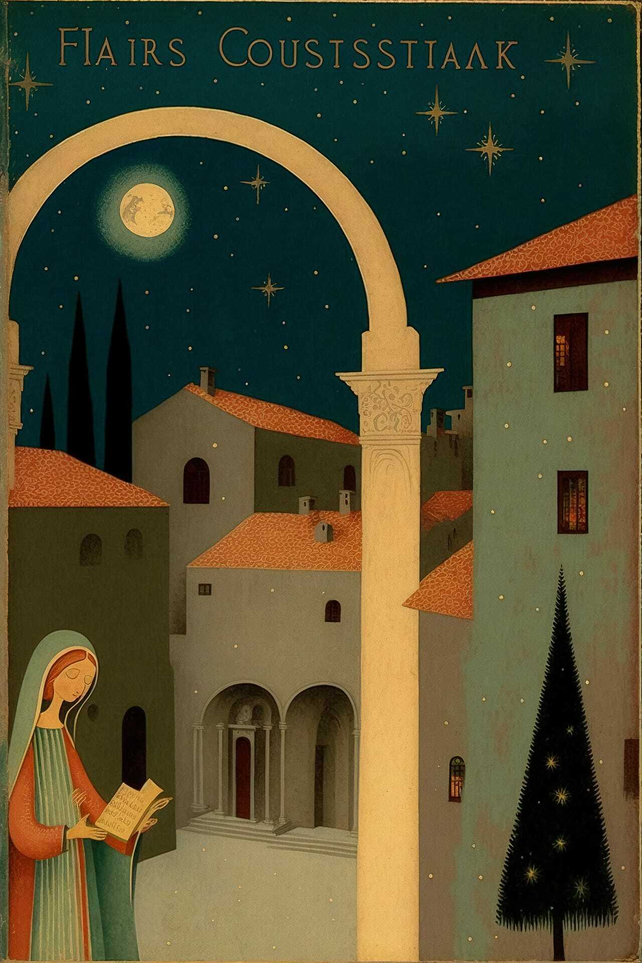 Holiday postcard scene featuring woman reading, archway, starry night, Christmas tree, Midjourney prompt techniques.