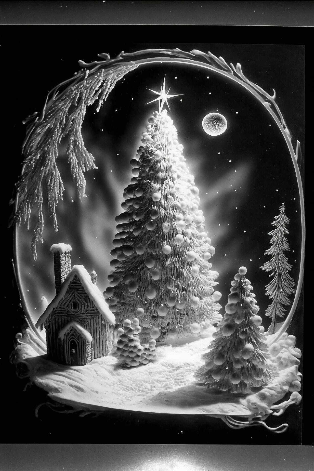 Christmas postcard scene with snow-covered trees, house, and starry sky. Midjourney prompt for holiday themes.