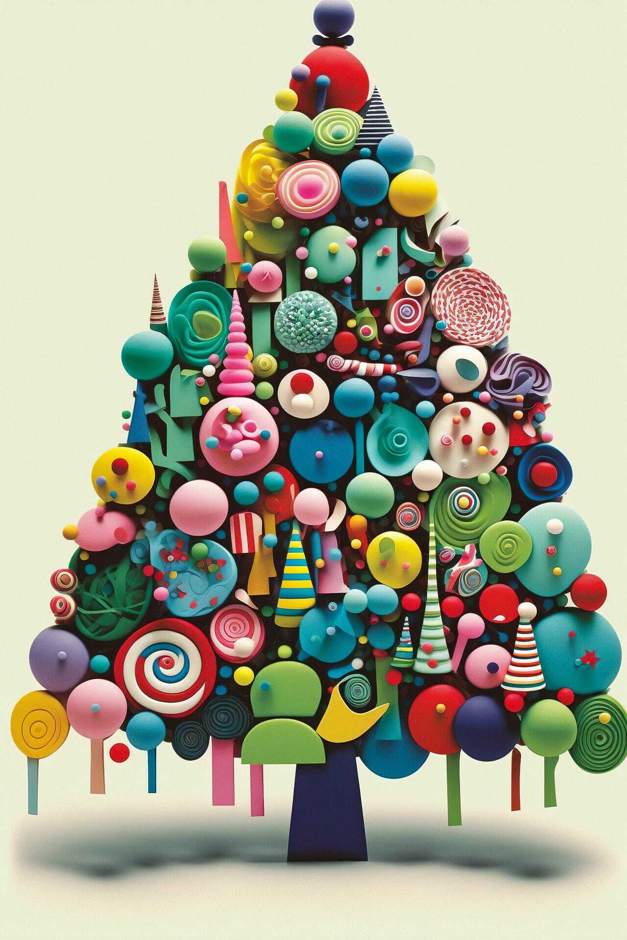 Colorful Christmas tree design using Midjourney prompt techniques for holiday postcard generation.
