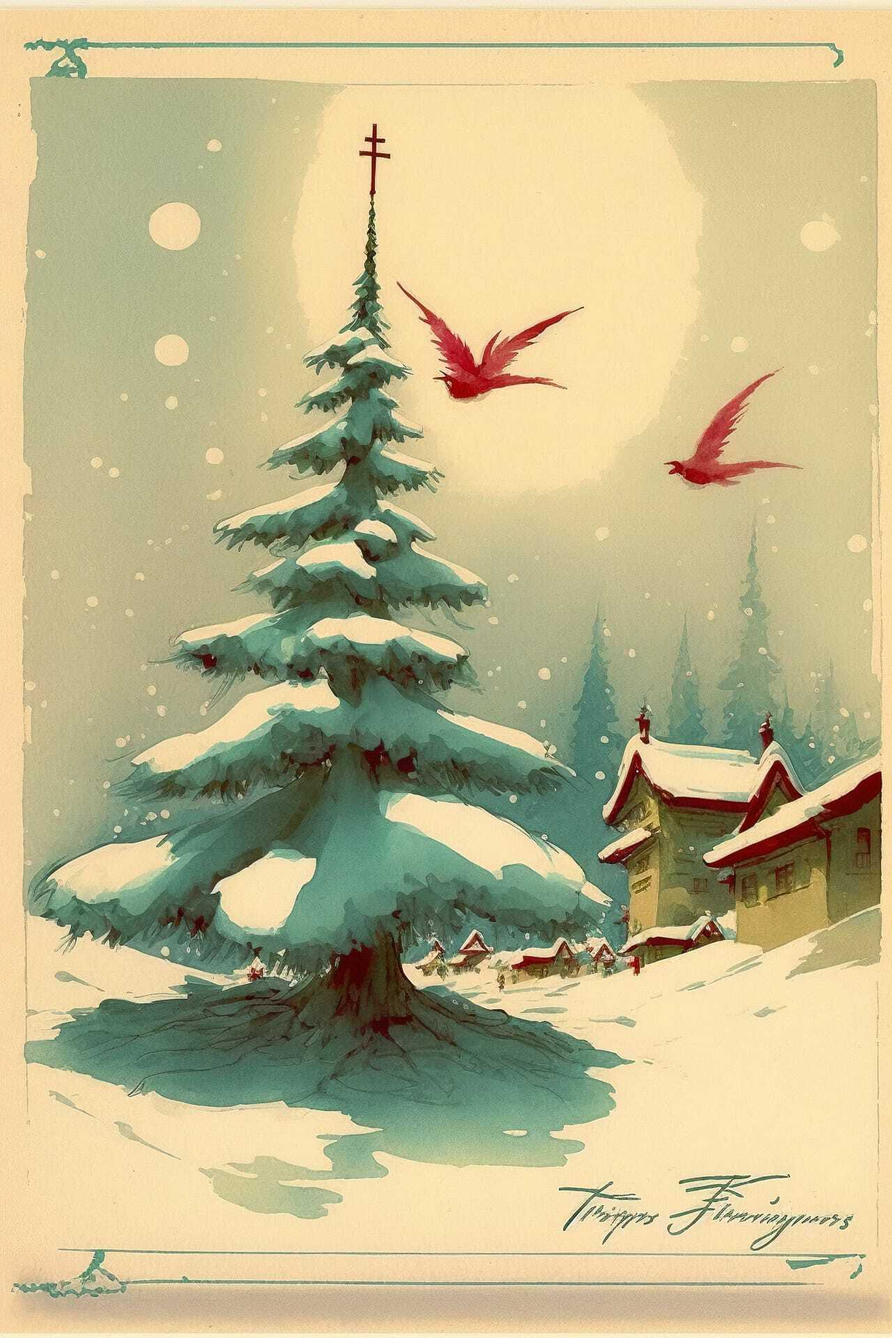 Christmas postcard by Tyrus Wong, featuring snowy tree, birds, winter scene, Midjourney prompt techniques, holiday postcard generation.