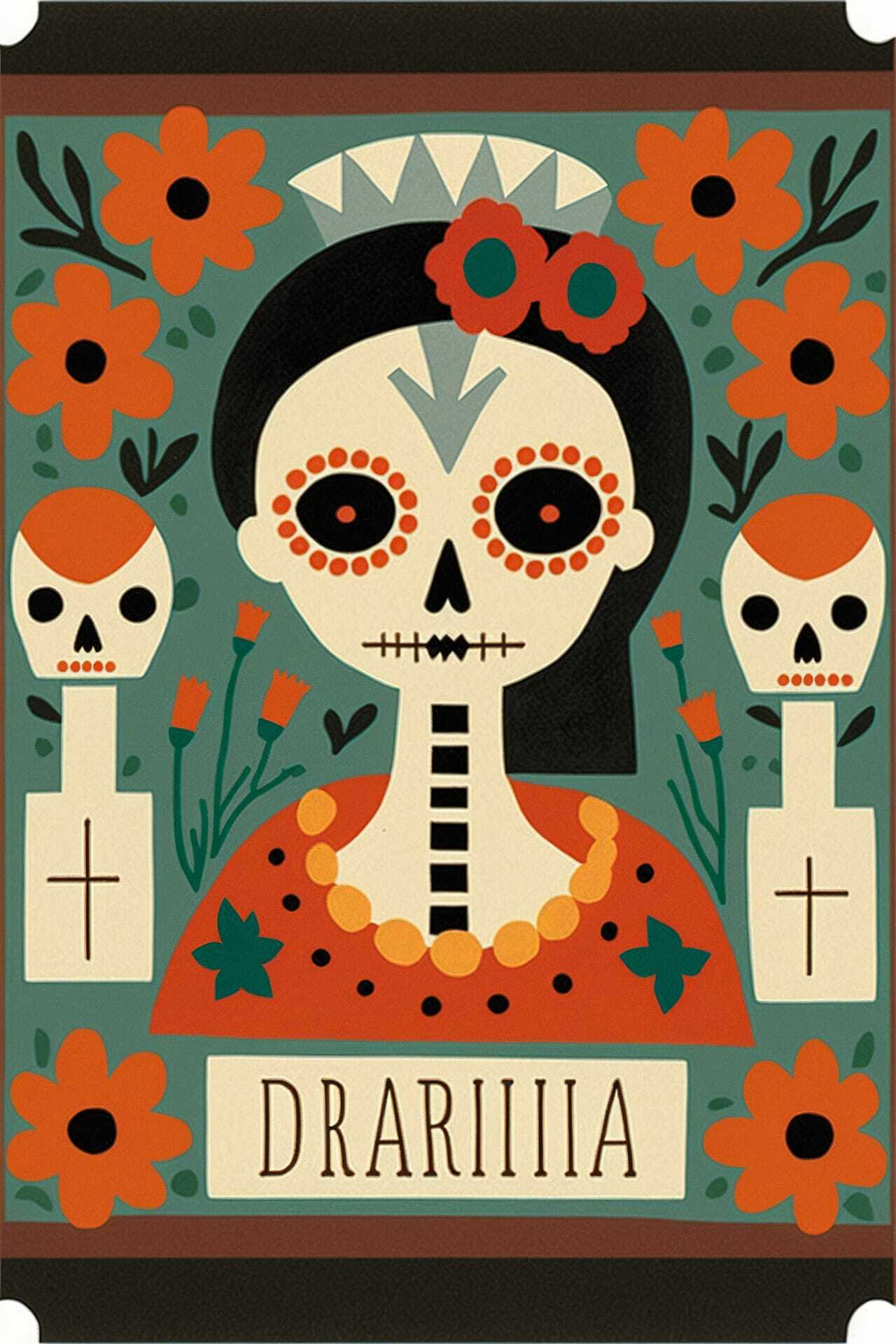 Midjourney prompt for Dia De Los Muertos postcard featuring Tarsila do Amaral's style with floral elements and skeletons.