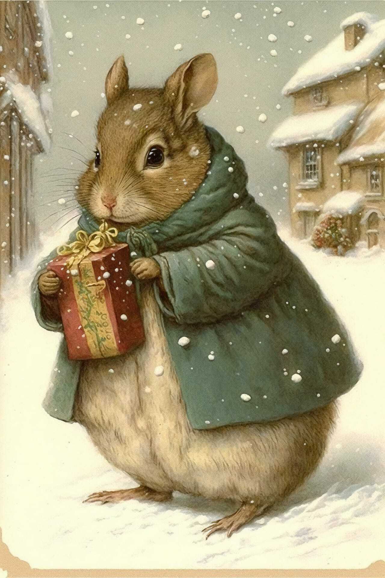Holiday postcard featuring rabbit in snow with gift, inspired by Beatrix Potter, using Midjourney prompt techniques.