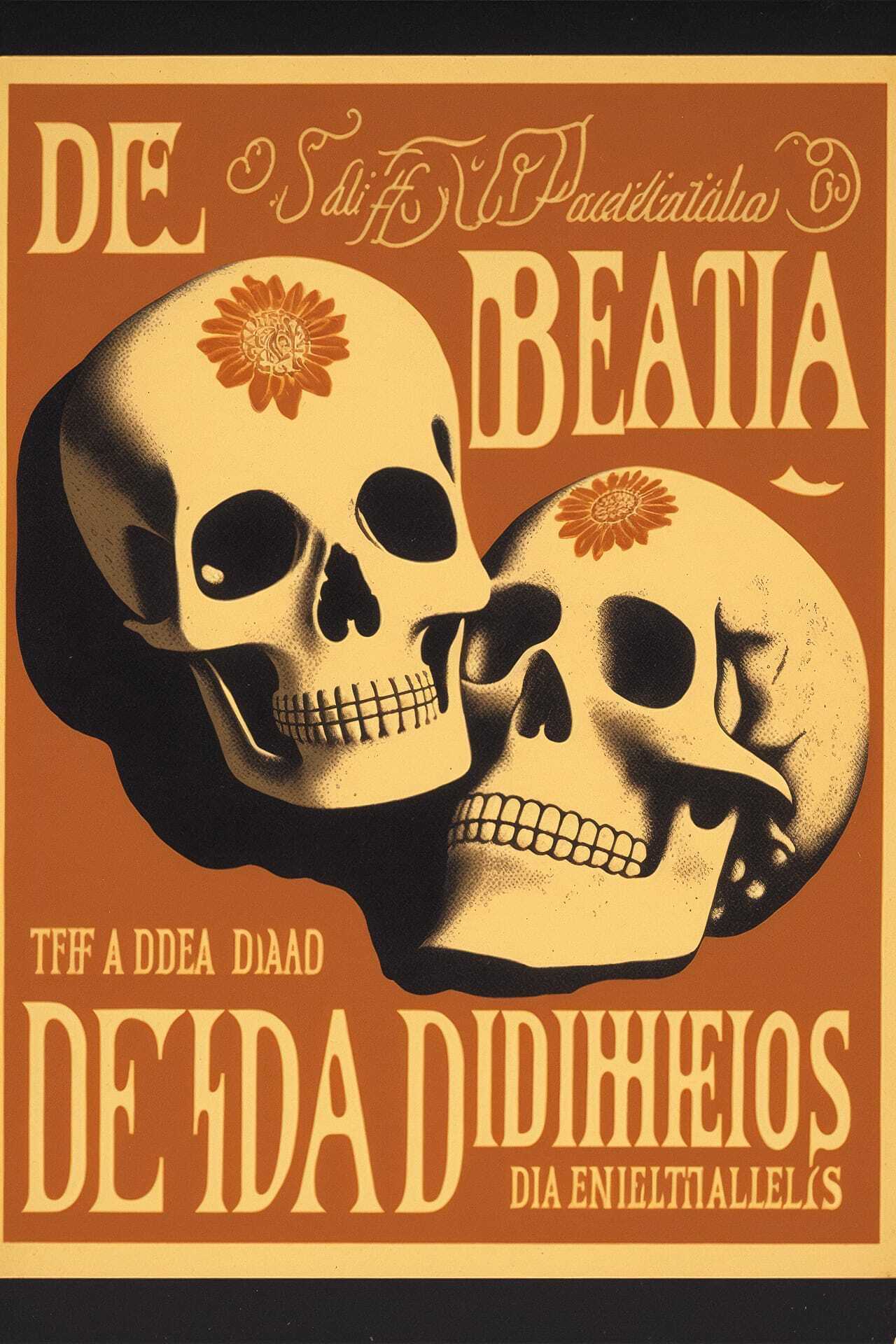 Midjourney prompt for Dia De Los Muertos postcard featuring skulls and floral elements by Herb Lubalin.