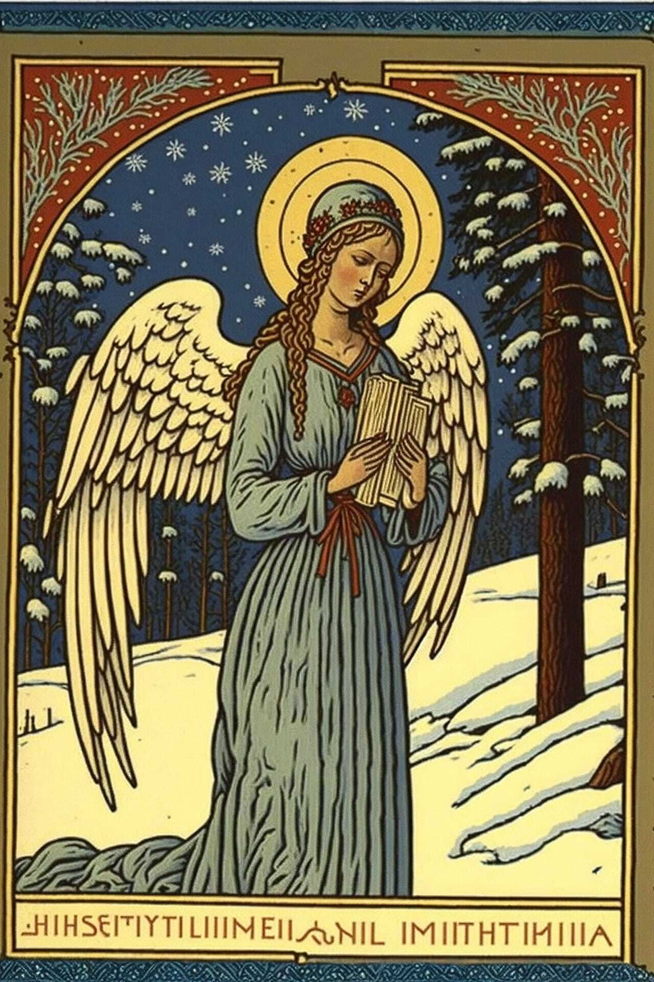 Holiday postcard featuring angel by Ivan Bilibin, Midjourney prompt for winter themes, art styles integration, upscaling techniques.