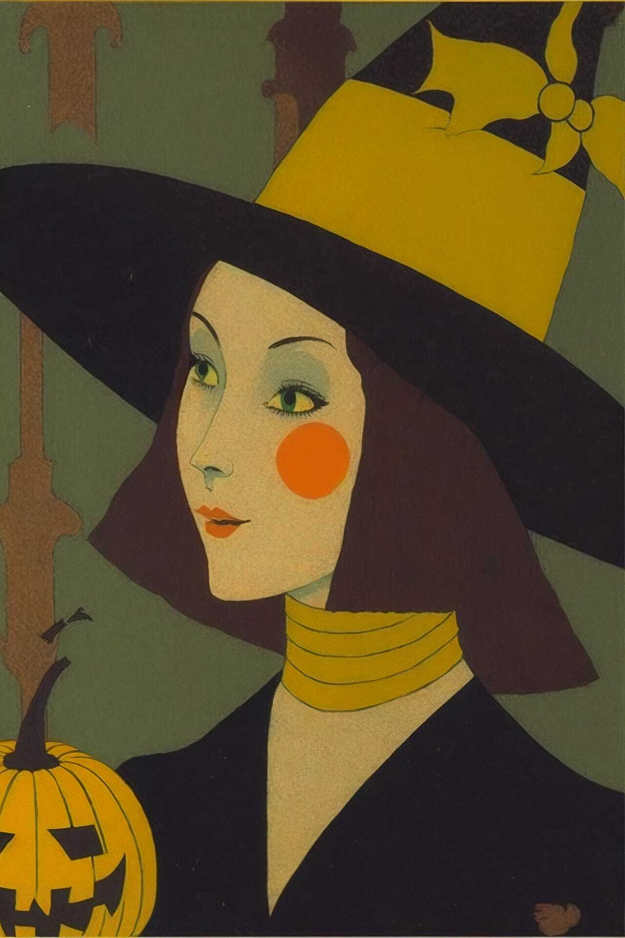 Halloween-themed Midjourney prompt featuring witch with pumpkin, woodblock print style, art integration techniques.