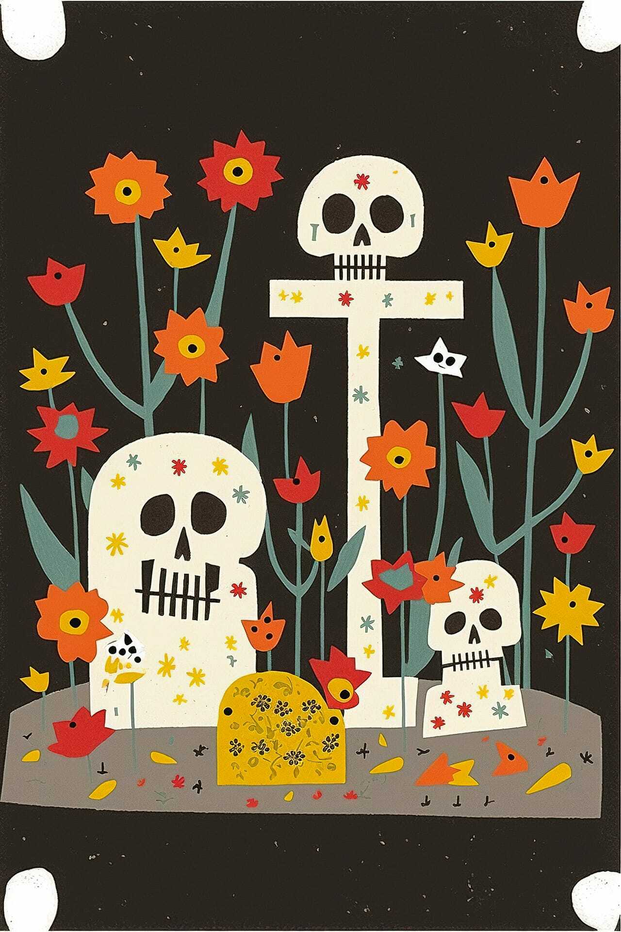 Midjourney prompt for Dia De Los Muertos postcard featuring skulls and flowers by Wu Guanzhong.