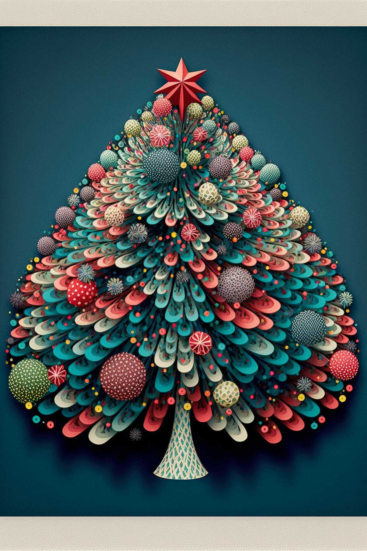 Christmas tree design using Midjourney prompt techniques, featuring colorful ornaments and unique patterns, by Joana Vasconcelos.