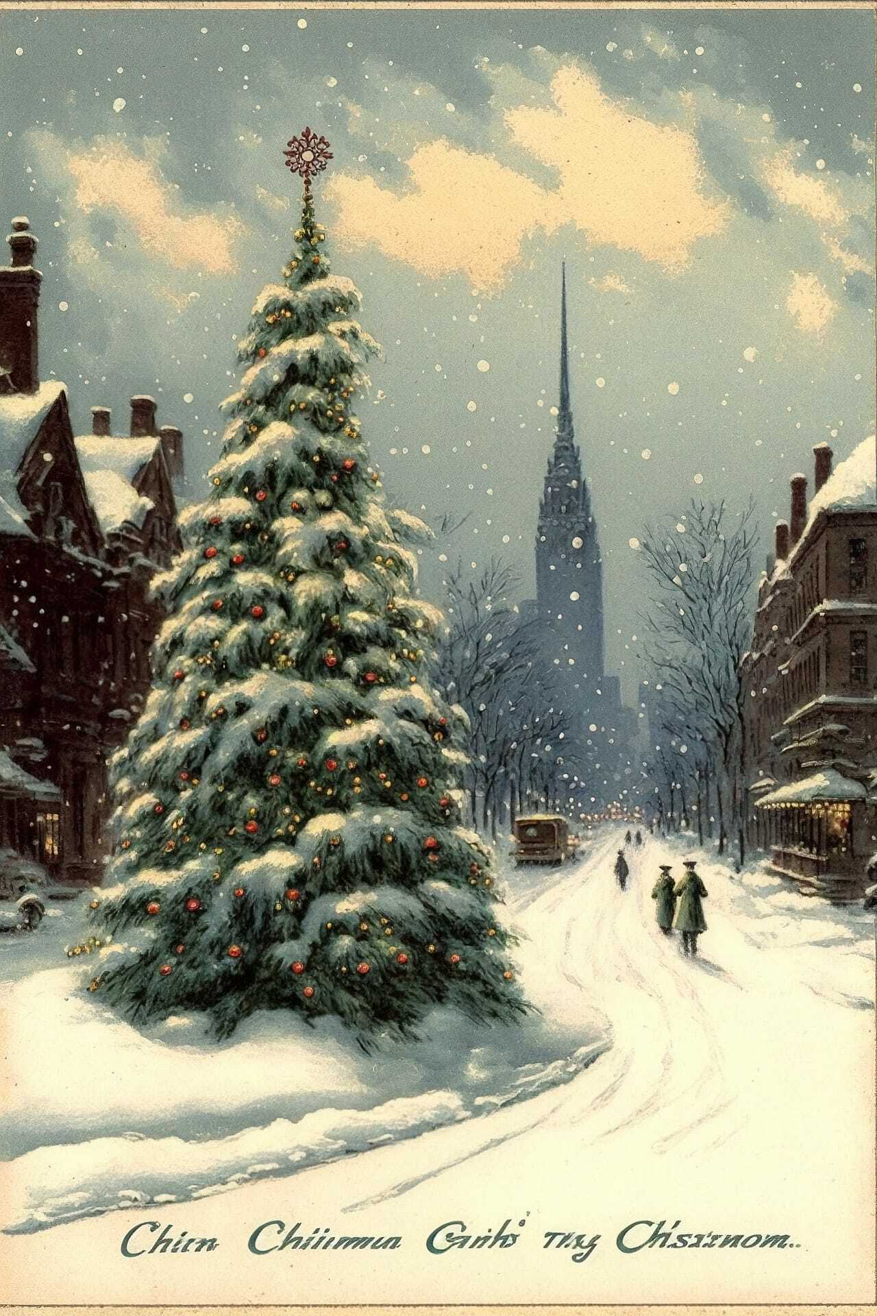 Christmas postcard featuring snowy street, decorated tree, Empire State Building, by Alson Skinner Clark, Midjourney prompt techniques.