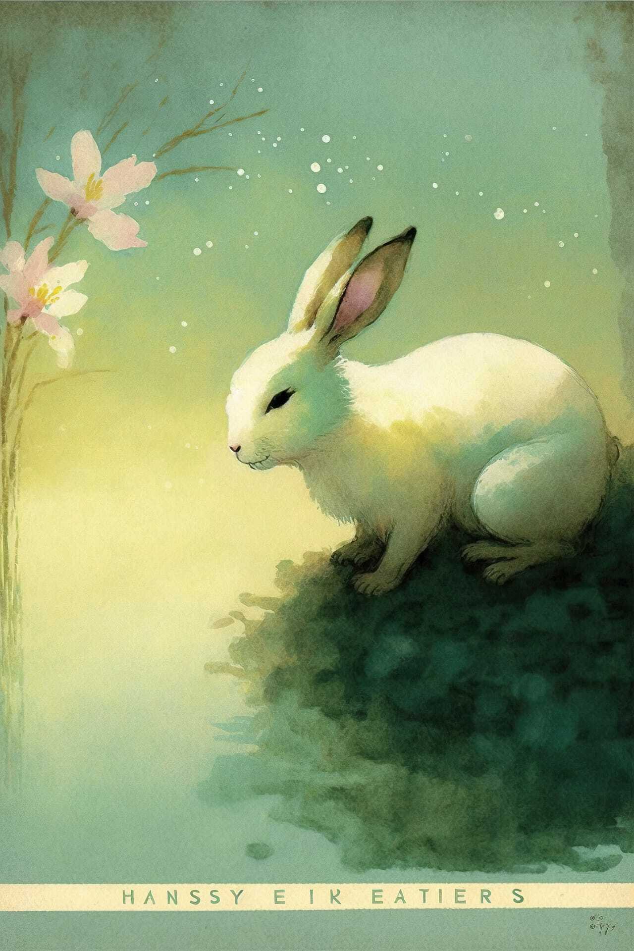 Midjourney prompt for Easter postcard featuring rabbit illustration by Tyrus Wong, watercolor style, floral elements, soft color palette.