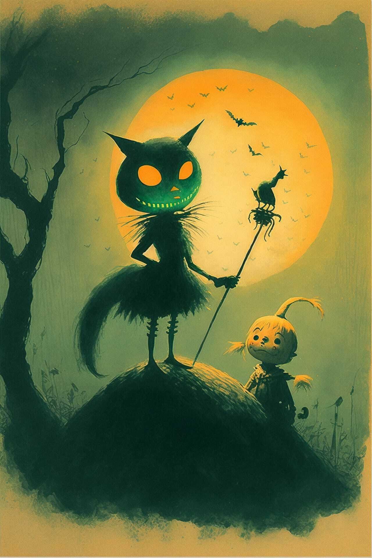 Midjourney prompt for Halloween-themed art featuring cat-like character with glowing eyes, spooky atmosphere, and whimsical elements.