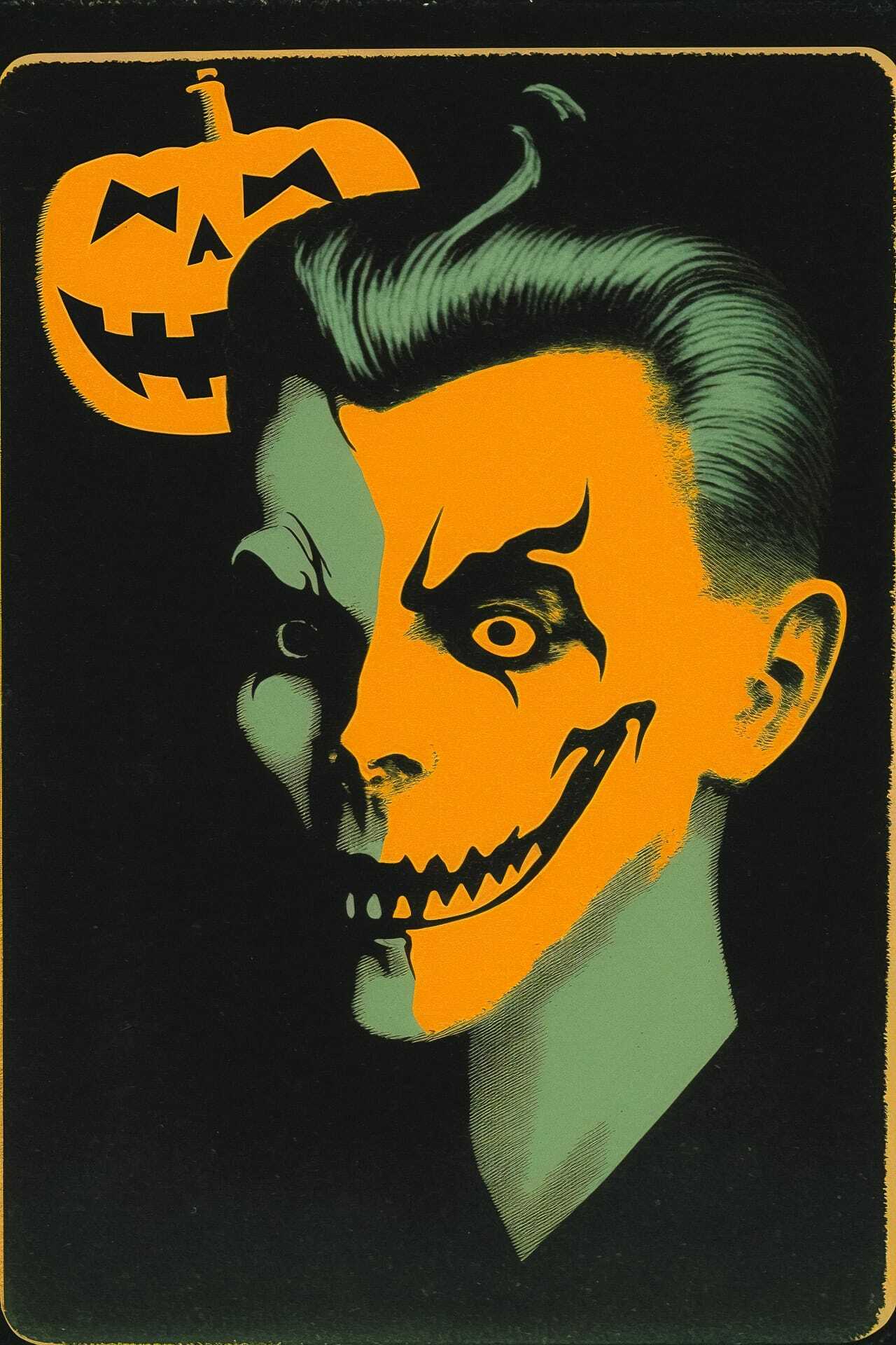 Halloween postcard featuring split face design, pumpkin, Midjourney prompt for spooky art styles.