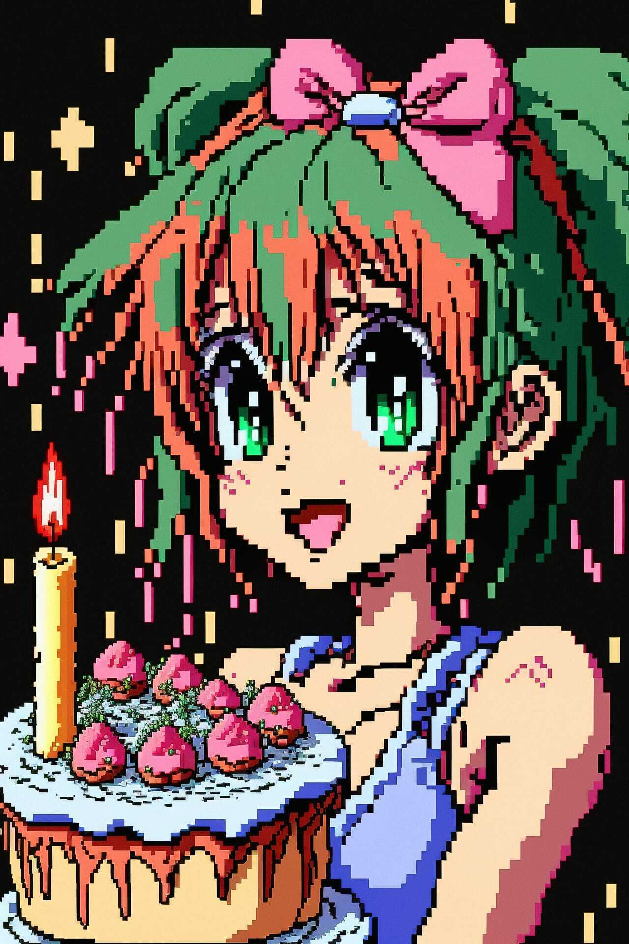Pixel art birthday postcard featuring girl with cake and candle, Midjourney prompt customization for holiday themes.