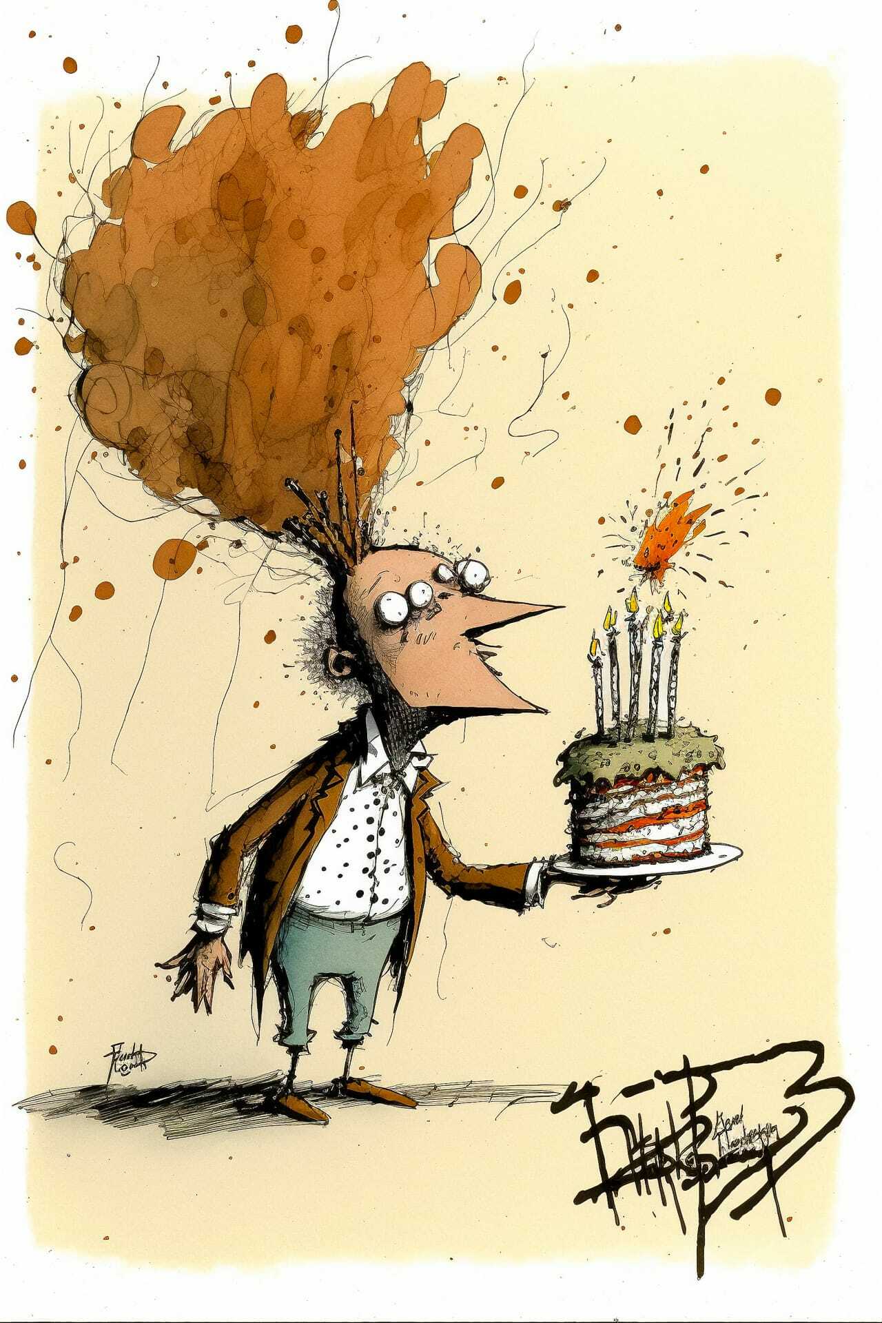 Birthday postcard illustration by Ralph Steadman featuring character with cake and candles, Midjourney prompt customization.