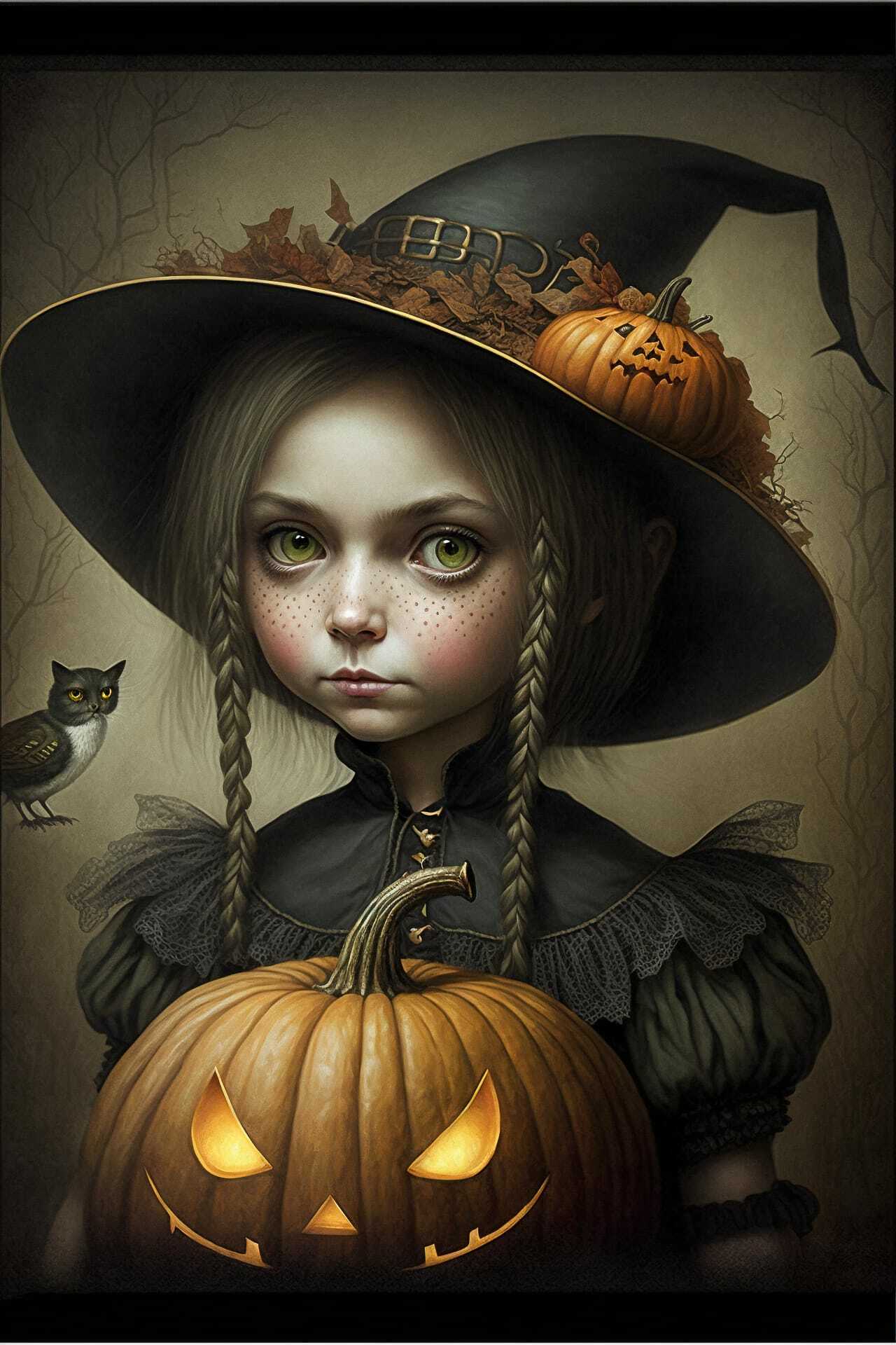 Halloween-themed Midjourney prompt featuring girl with pumpkin, spooky atmosphere, art style integration, by Anja Millen.