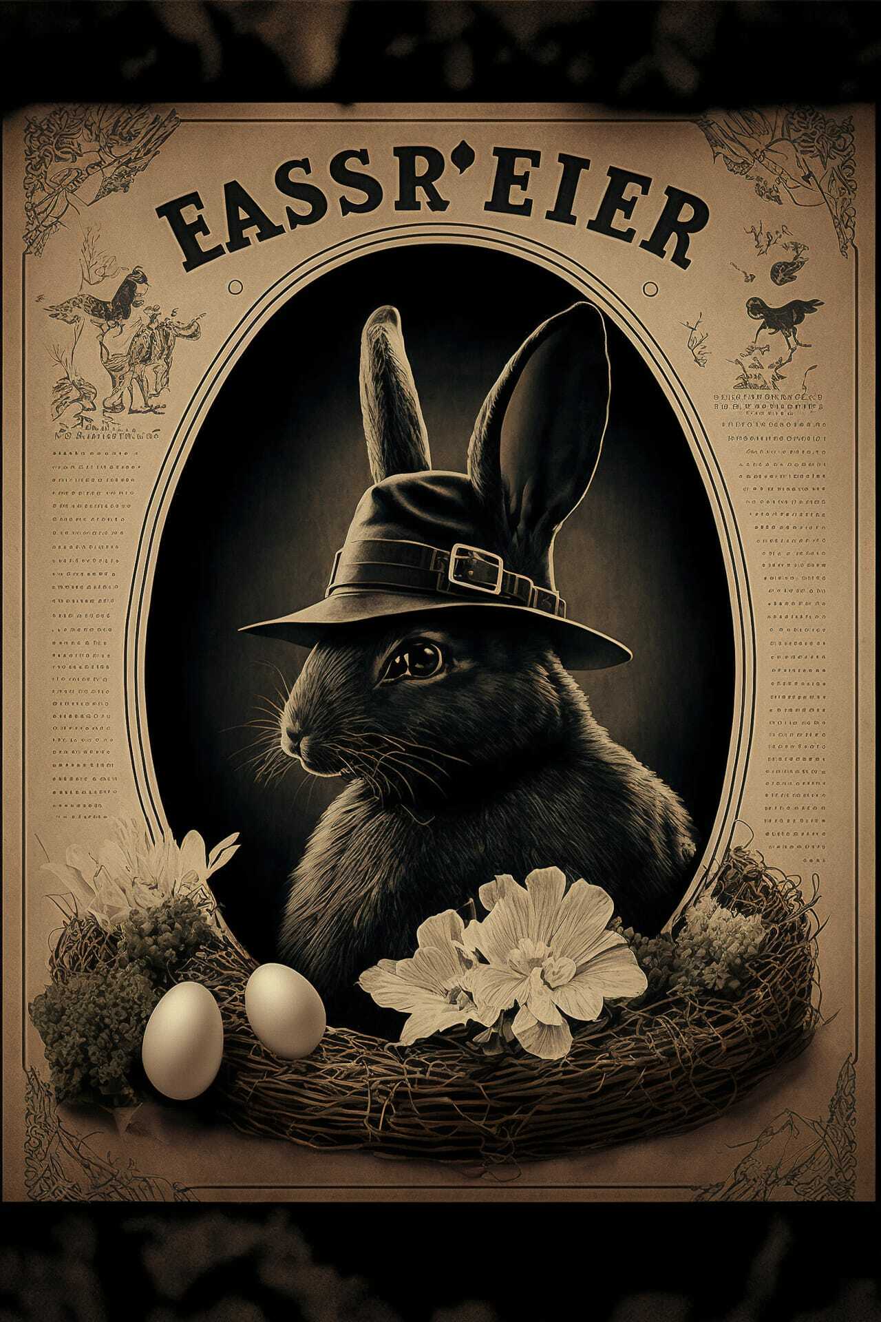 Easter postcard in noir detective style featuring rabbit with hat, eggs, flowers, Midjourney prompt techniques for holiday postcards.