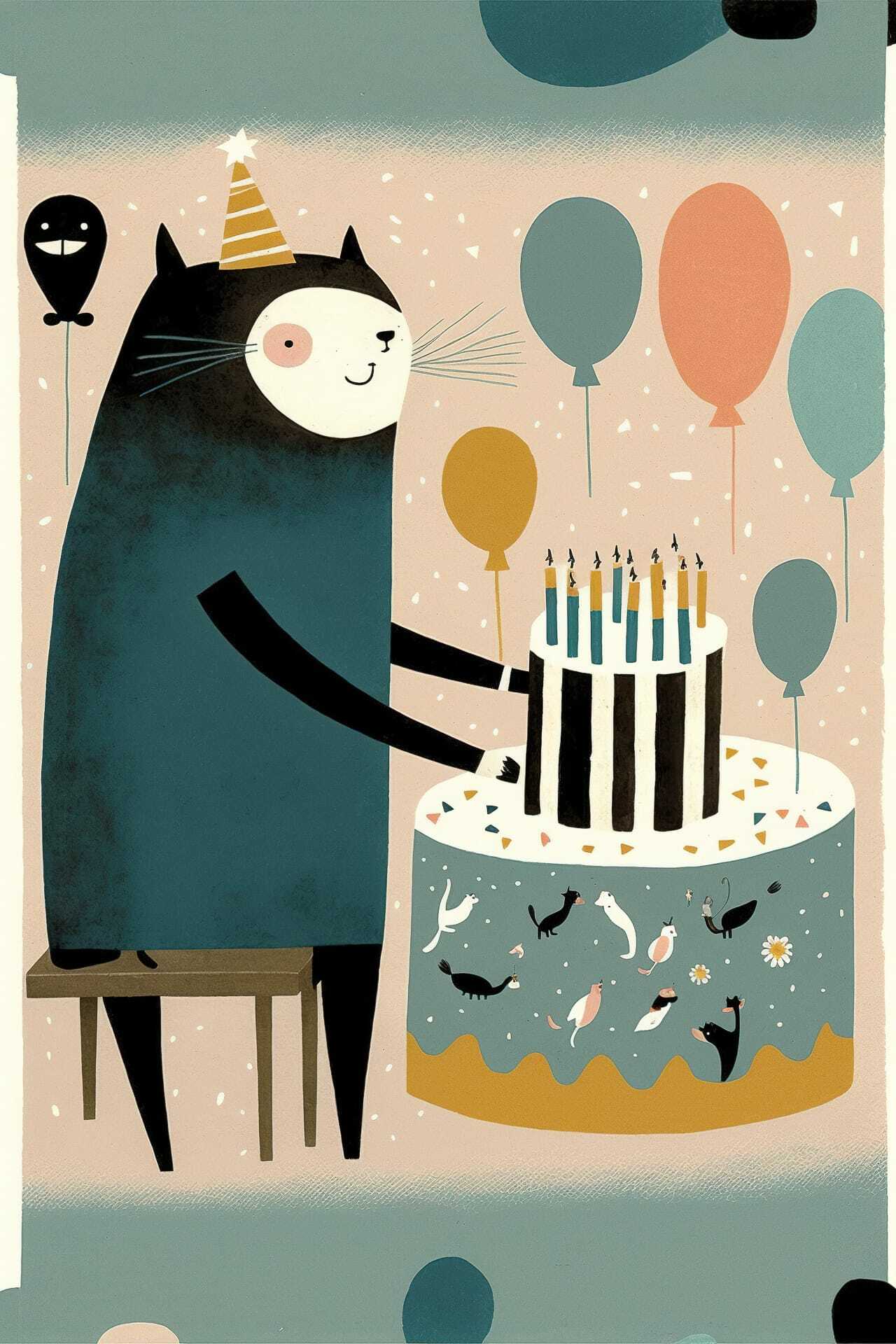 Birthday celebration illustration featuring cat with cake and balloons, prompt for Midjourney AI postcard generation.