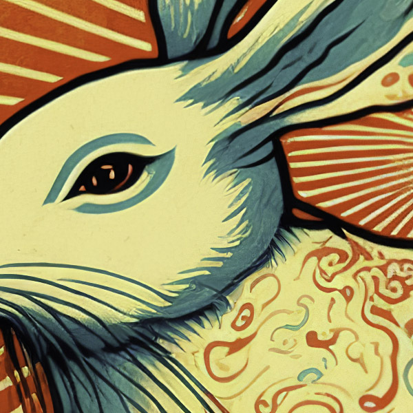 Midjourney prompt for holiday postcard featuring rabbit illustration, Chinese New Year theme, upscaled to 2048 ×3072.