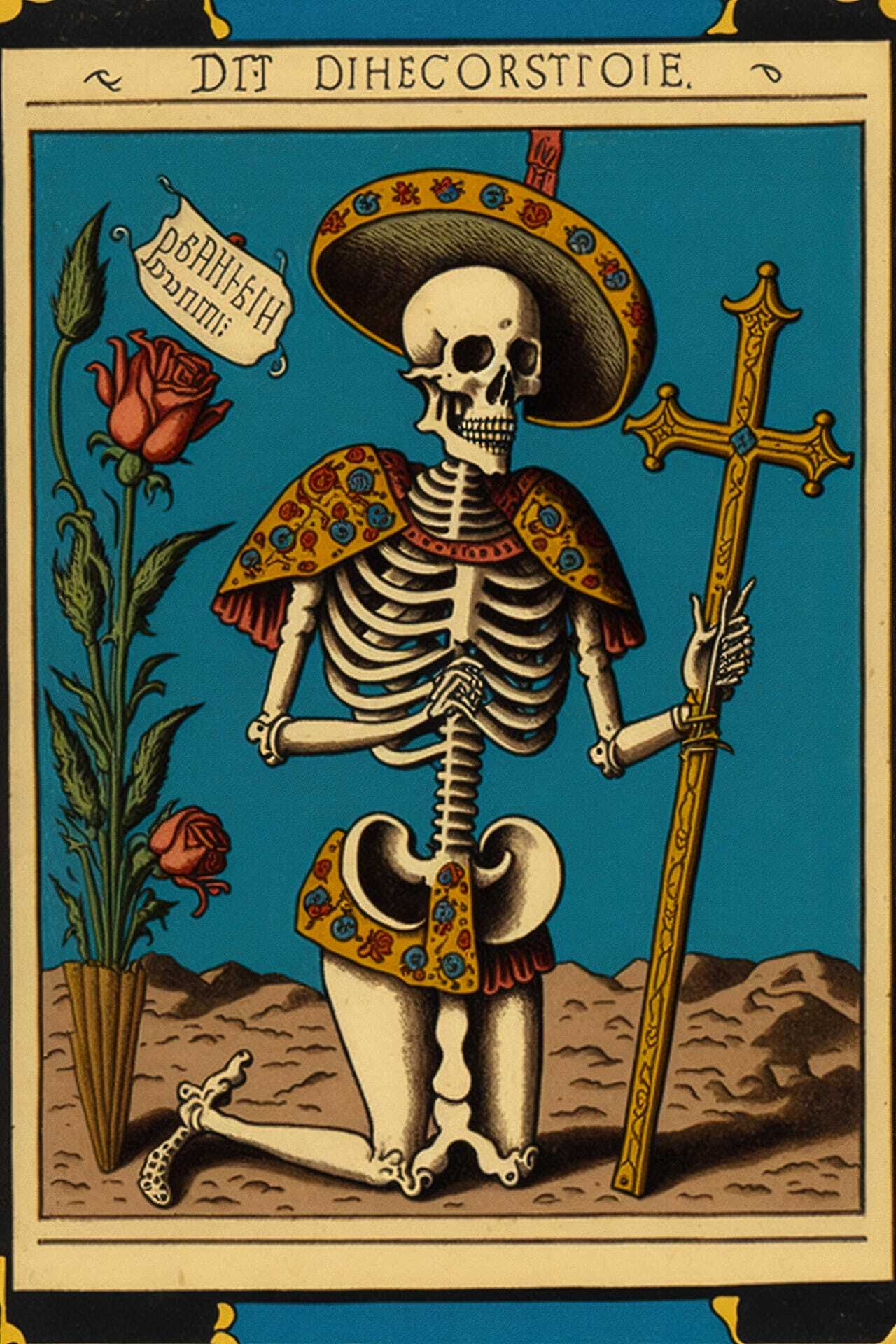 Skeleton with cross and rose, Midjourney prompt for Dia De Los Muertos postcard by Ambrosius Bosschaert.