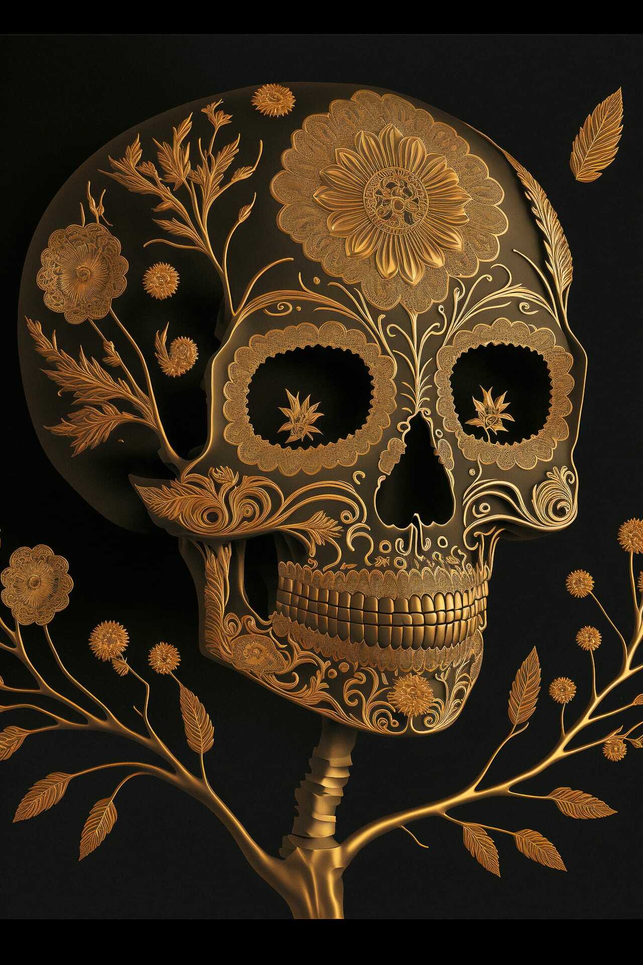 Midjourney prompt for Dia De Los Muertos skull art, floral designs, intricate details, digital illustration techniques.