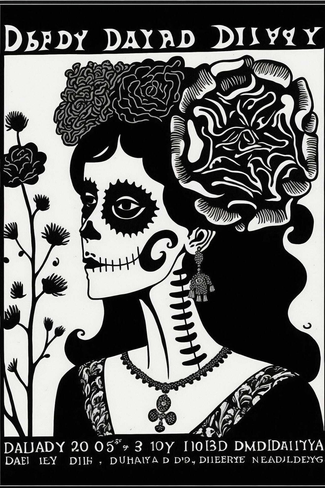 Dia De Los Muertos postcard design featuring skull art, floral elements, Midjourney prompt customization, by Aubrey Beardsley.